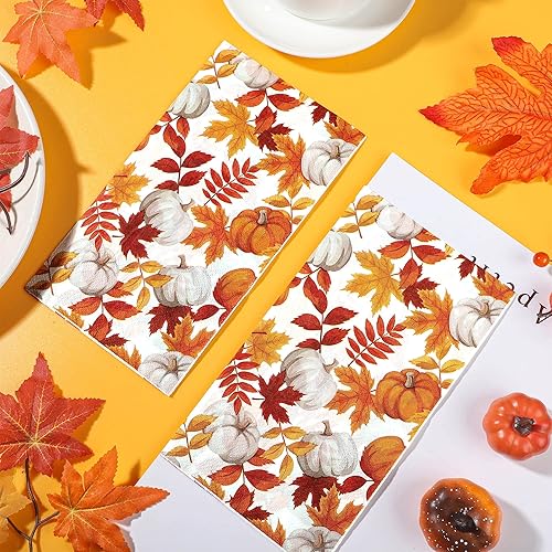 Miniatura 4 de 120 servilletas de papel de otoño con hojas de arce y calabaza, servilletas decorativas de otoño, toallas de mano desechables para Acción de