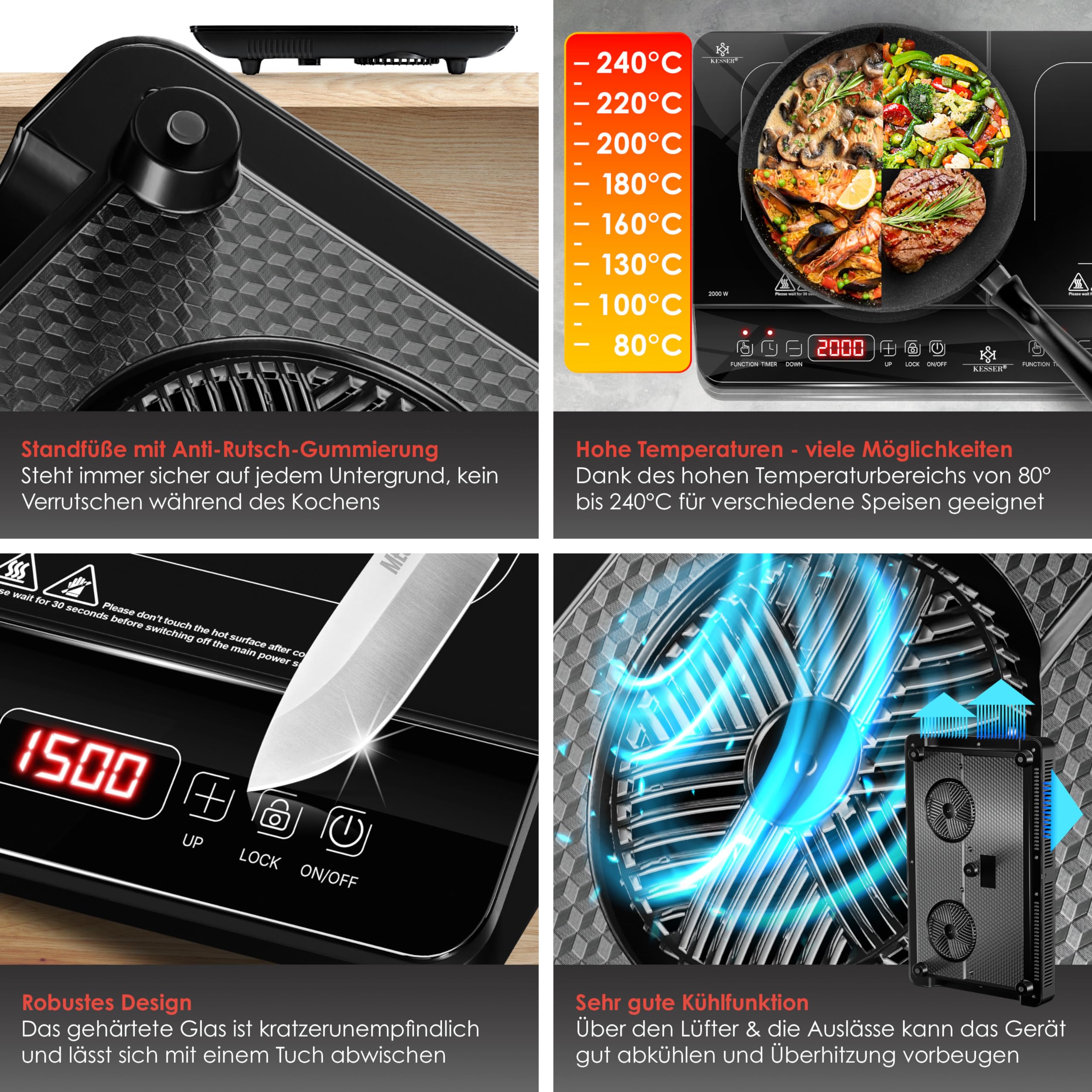 KESSER Plaque de cuisson à induction, 2 plaques, 3500 W, plaque de cuisson portable de 57 cm, 3 chiffons en microfibre + 1 livre de cuisine, 8 niveaux de chauffage, minuterie de 4 heures, contrôle
