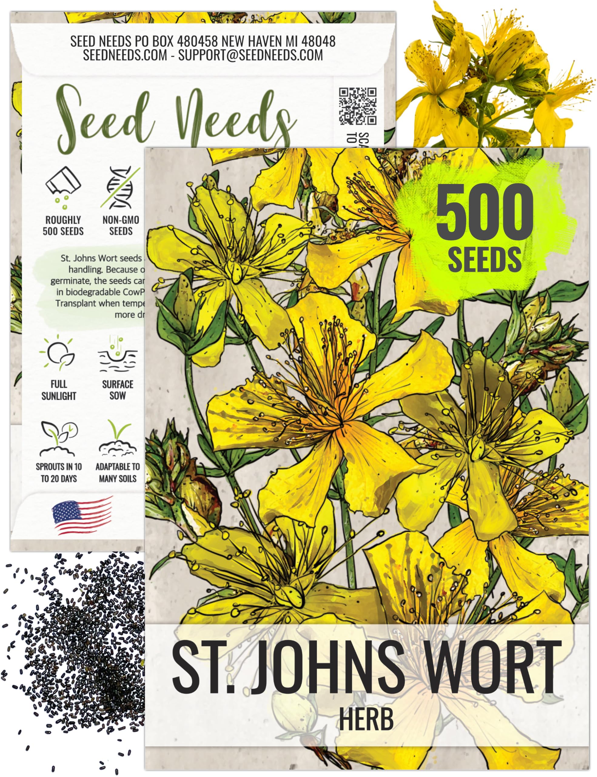 Seed Needs St. Johns Wort Seeds for Planting - Non-GMO Heirloom & Untreated Medicinal Herb Seed to Plant a Home Grown Outdoor or Indoor Garden (1 Pack)