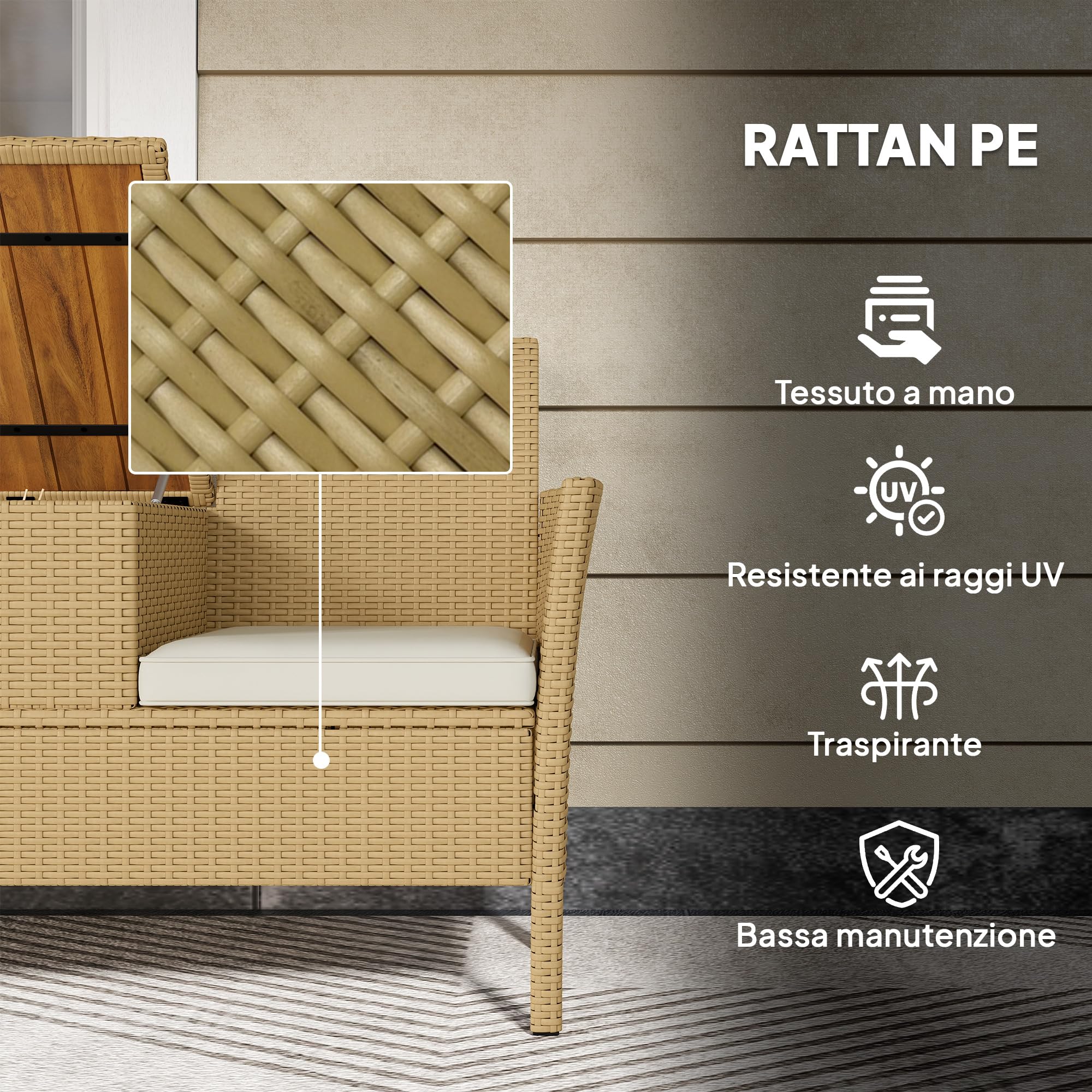 Outsunny Panchina da Giardino a 2 Posti in Rattan e Acciaio 134x58x82 cm | Panchina da Esterno con Cuscini, Tavolino a Ribalta con Spazio Portaoggetti Nascosto, Divano da Esterno, Crema e Cachi