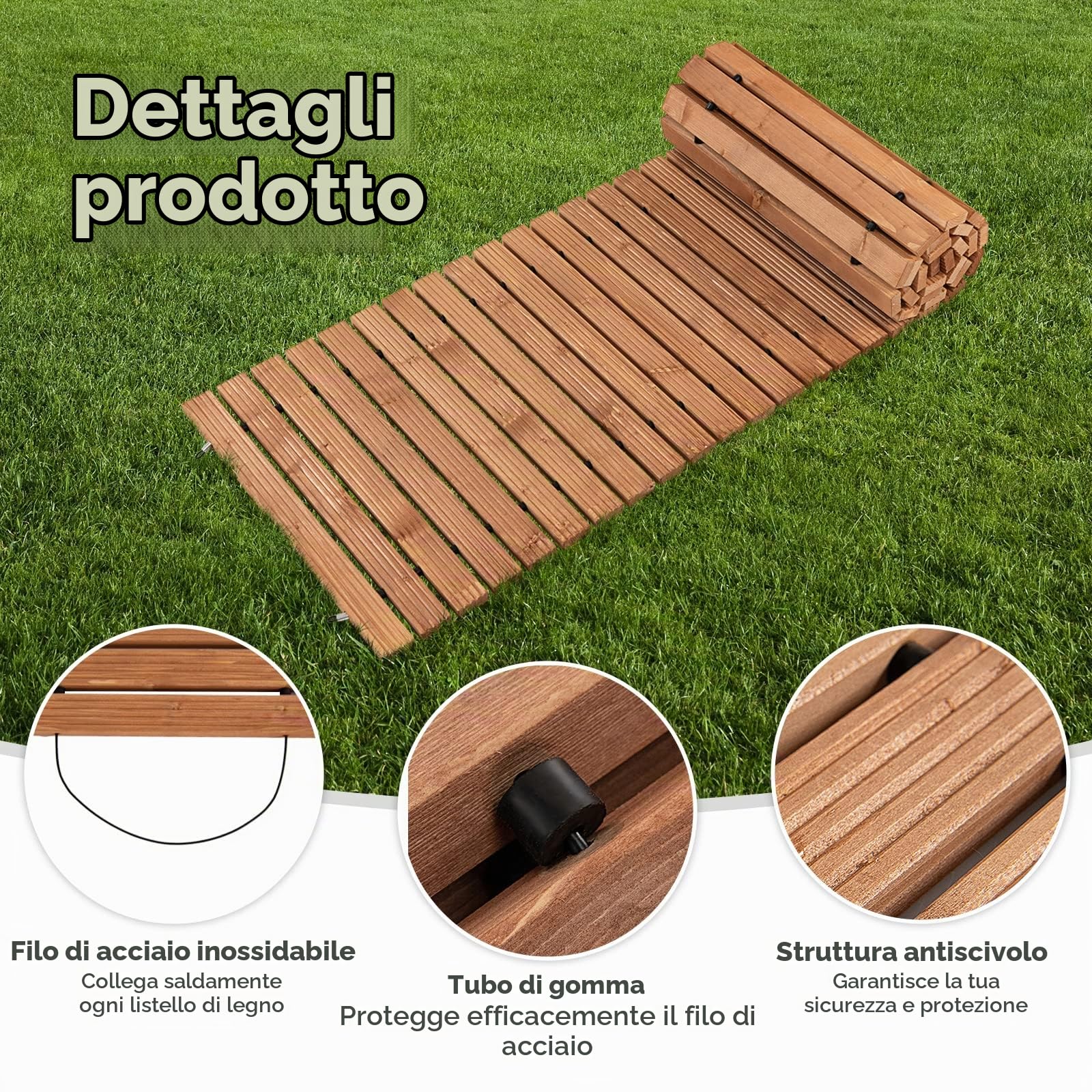 GIANTEX Sentiero in Legno da 245 cm, Sentiero in Legno di Abete e Filo di Acciaio, Binario Decorativo Rustico per Esterni, Giardino, Matrimonio in Spiaggia, 245,5x55x2 cm