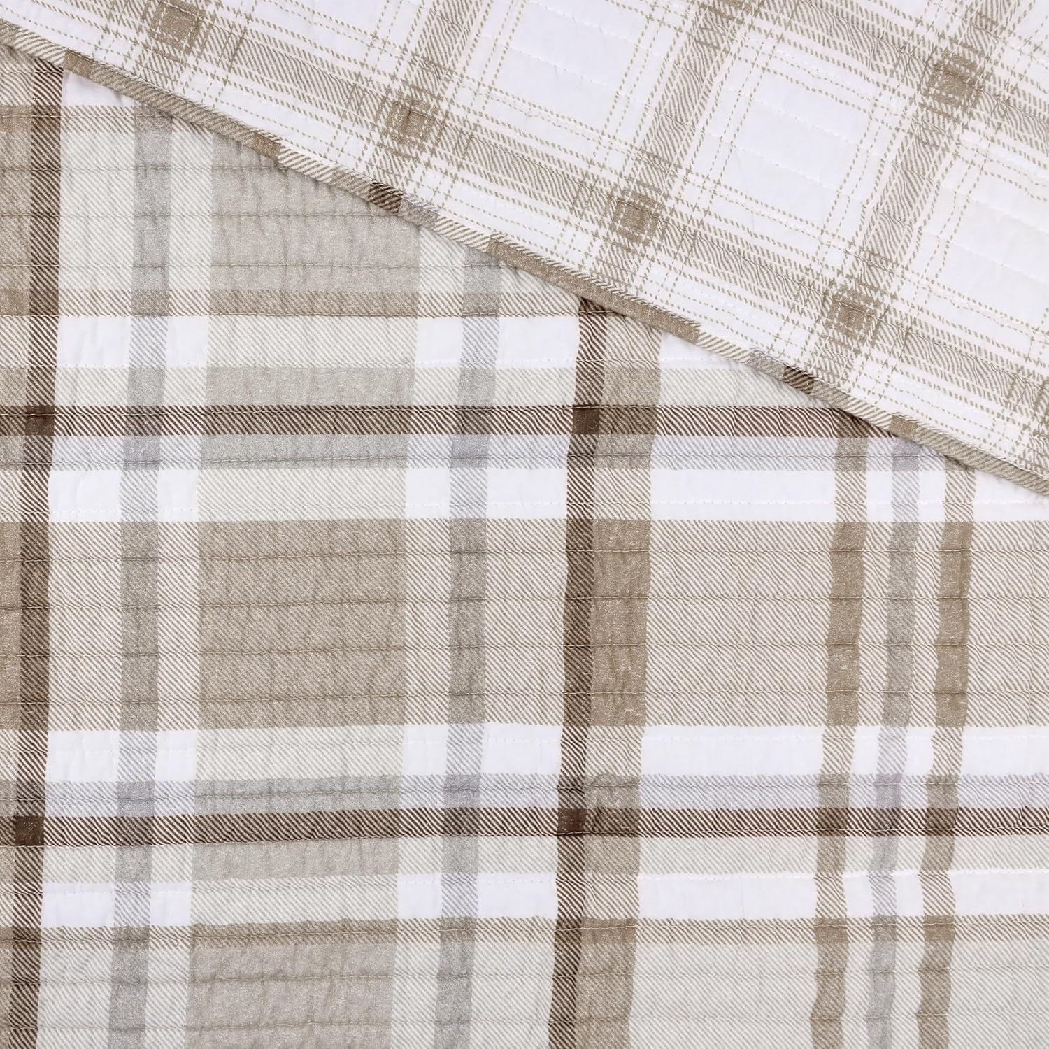 Levtex Home - Spencer Plaid Neutral - Quilted Throw (50x60in.) - Plaid - Beige Tan Cream - Reversible - Cotton - Image 5