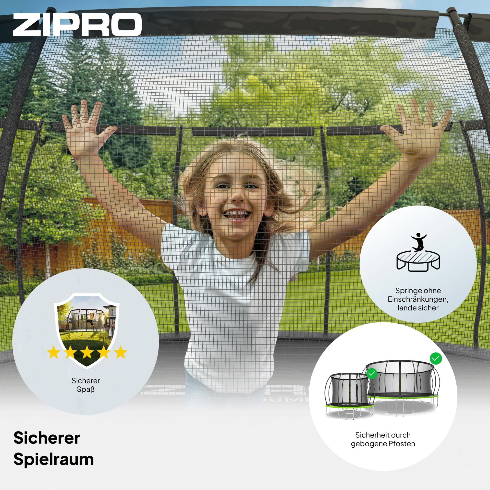 ZIPRO JumpPro Premium Trampolin Outdoor, Gartentrampolin für Kinder, mit Innennetz, Wetterfest, UV-Schutz, Einfache Montage, Belastbar