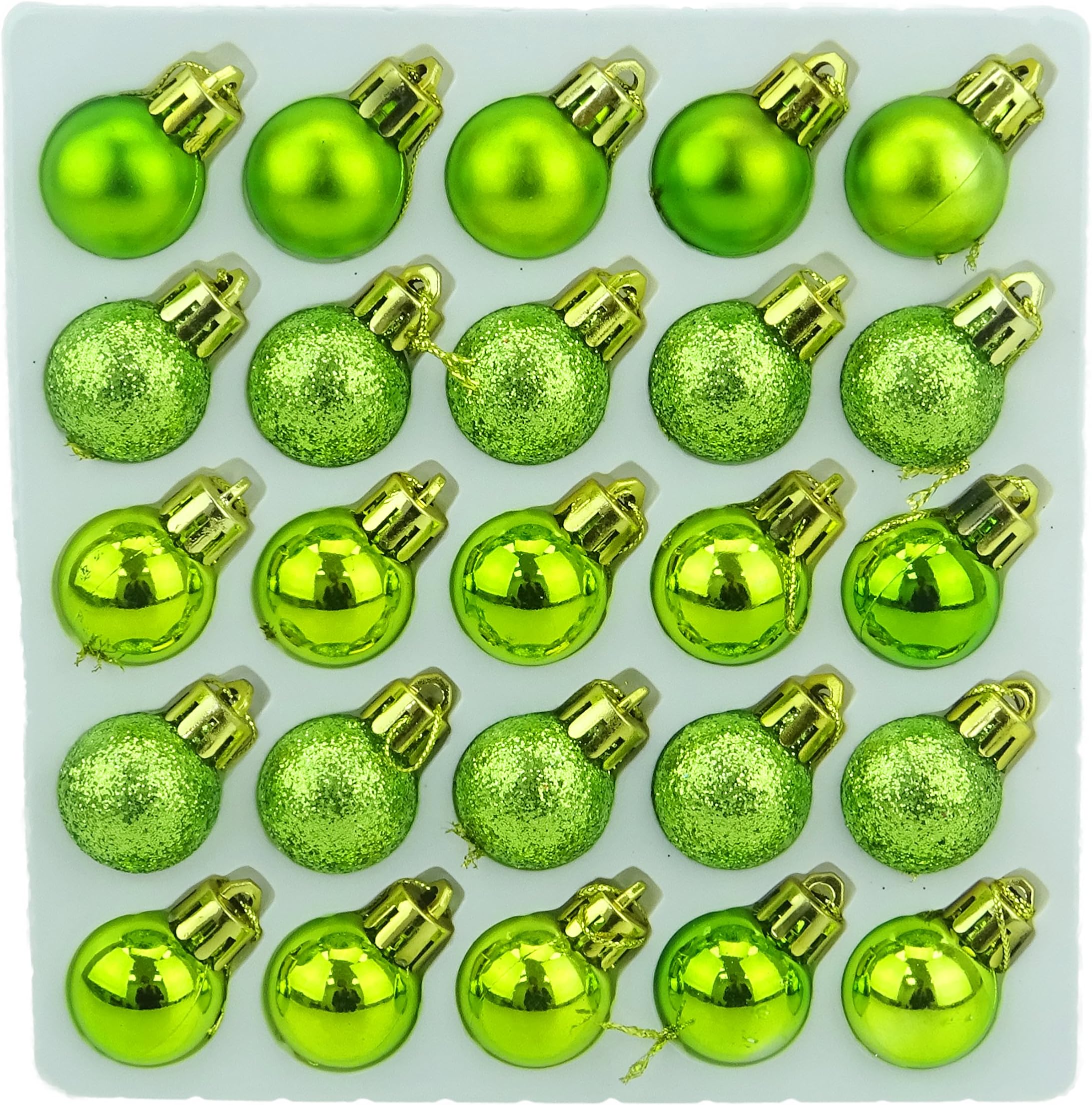 Christmas ConceptsPack of 25-25mm Mini Christmas Tree Baubles - Shiny, Matte & Glitter Decorated Ornaments (Lime Green)