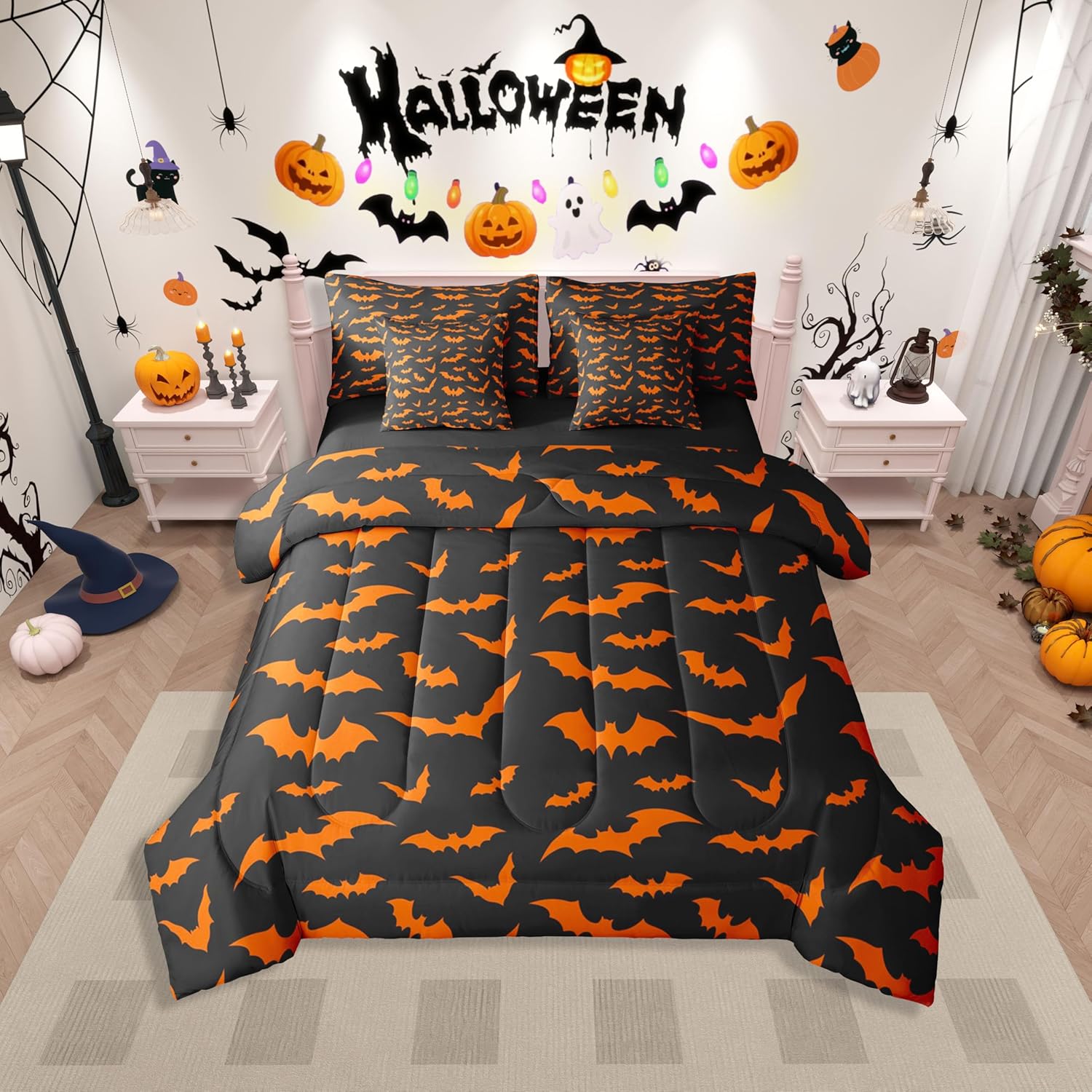 Erosebridal Bats Comforter Set Halloween Bed in A Bag Queen Size 7 Pieces Gothic Animal Adults Kids Children Bed Set Black Boys Orange Bedding