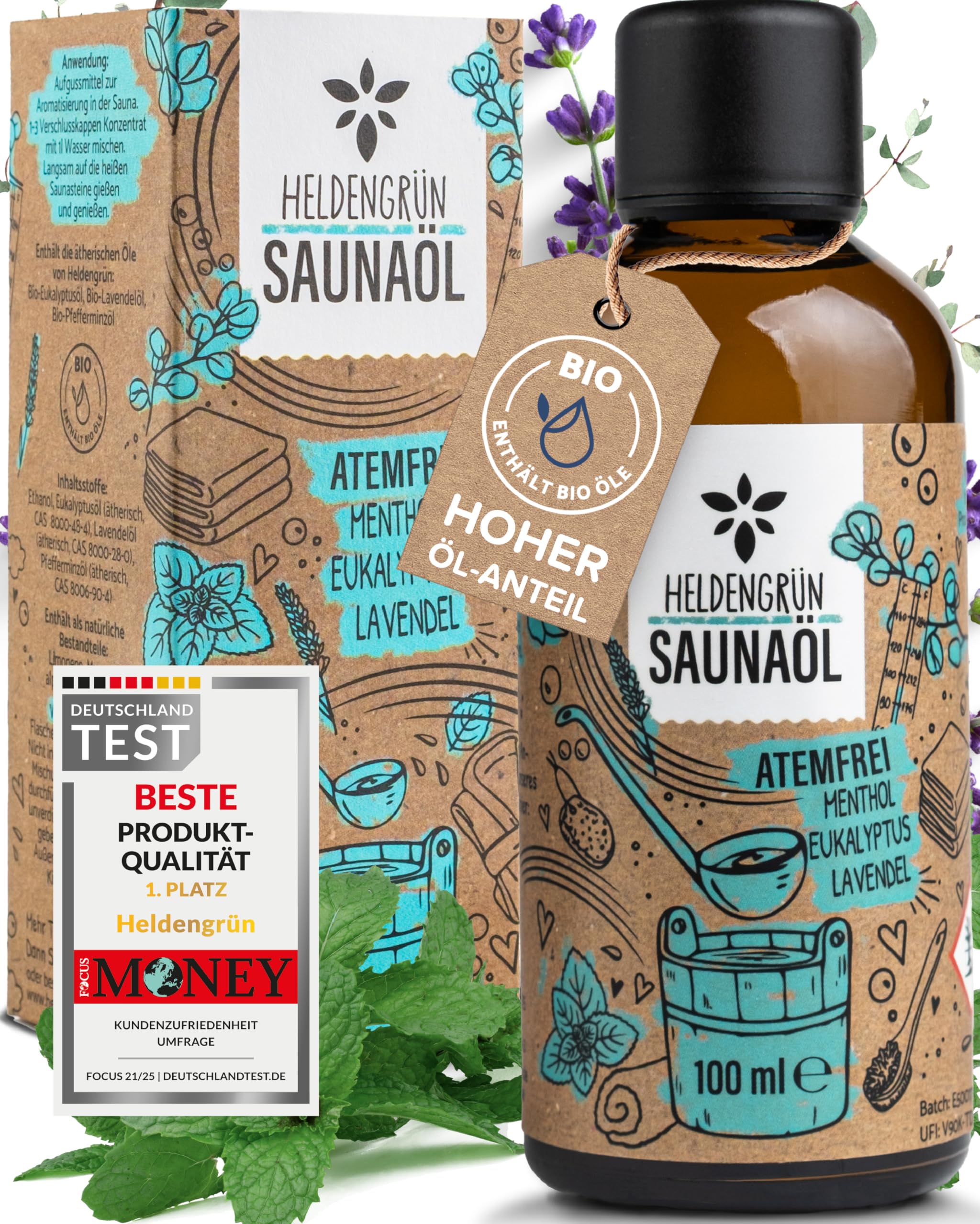 Heldengrün Infusion de sauna bio sans respiration [véritables huiles biologiques, 3 parfums] – Huile de sauna avec menthol, eucalyptus et lavande – Infusion pour sauna naturel avec huile essentielle