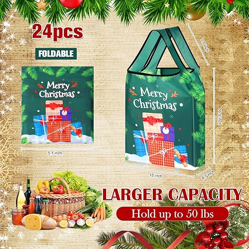 Miniatura 3 de Paterr Paquete de 24 bolsas de comestibles reutilizables de Navidad, bolsa de compras plegable, bolsas de regalo, bolsa de transporte de poliéster