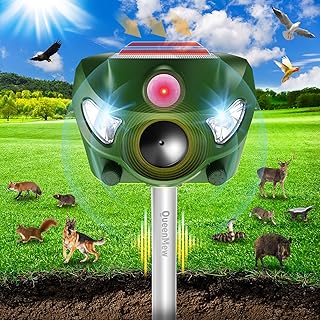 Repulsif Chat Exterieur, 5 Modes Repulsif Chat Ultrason, Repulsif Chat Exterieur Solaire de 26 Pieds avec Alarme Sonore et Lumières Flash pour Chien, Cerf, Renard, Lapin, Écureuil, Oiseau
