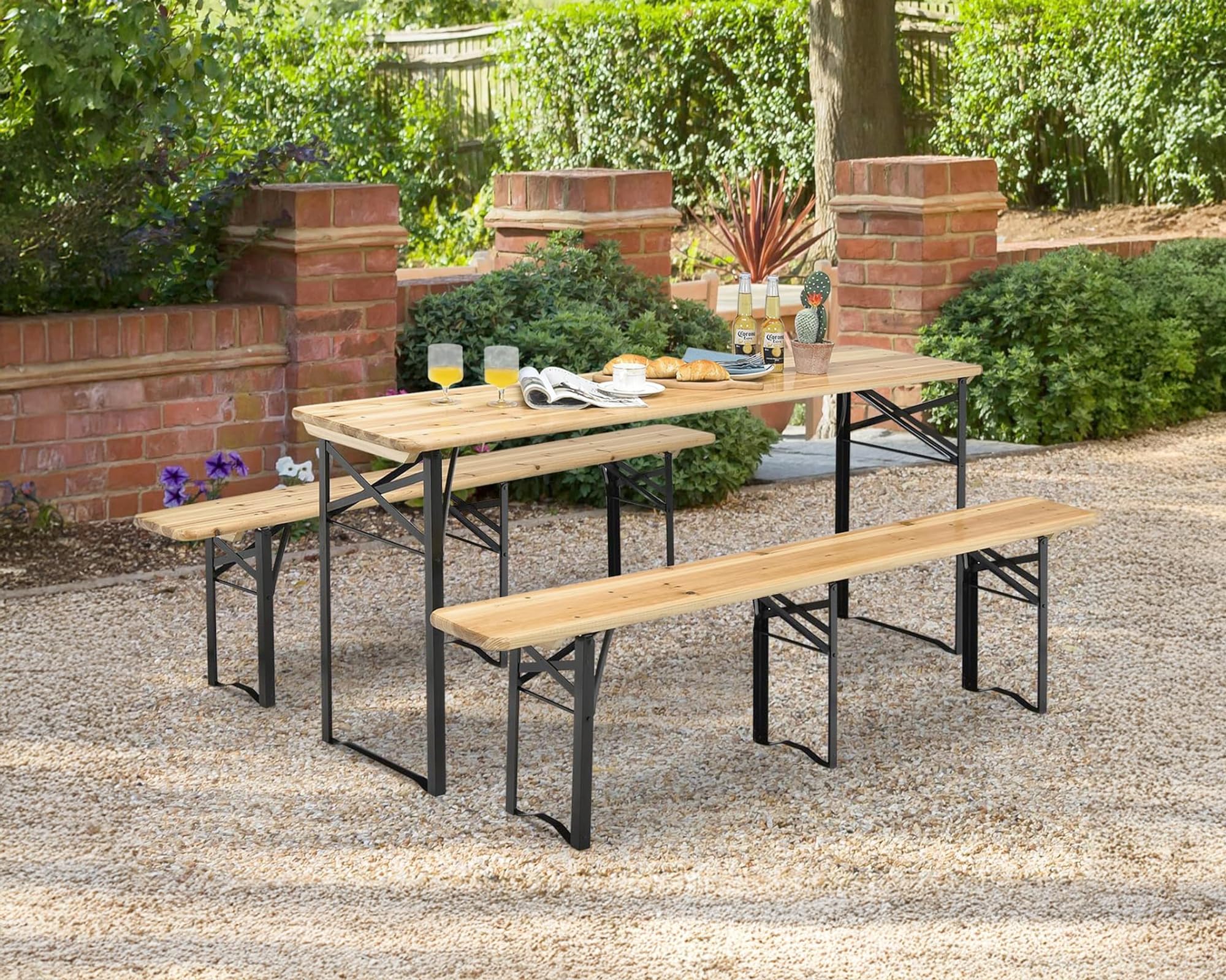 IlGruppone Set Birreria XXL 220x70 cm 10 Posti – Tavolo Pieghevole con 2 Panche in Legno di Abete e Acciaio Rinforzato – Set 3 Pezzi Richiudibile e Salvaspazio per Feste, Sagre, Giardino e Outdoor