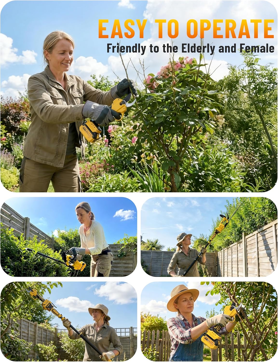 4-IN-1 Electric Pruning Shears+Pole Hedge Trimmer Combo, Hedge and Grass Trimmer Cordless & Tree Pruner with Extension Pole for Shrubs, Bushes, Max 15Ft Reach, Compatible with Dewalt Battery - Image 7