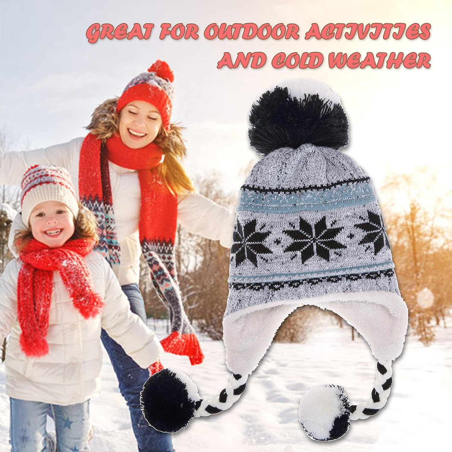 Dosoni Winter Hats for Women Knit Beanie Soft Warm Fleece Lined Long Ear Straps Snow Ski Cap with Pompom - Image 5