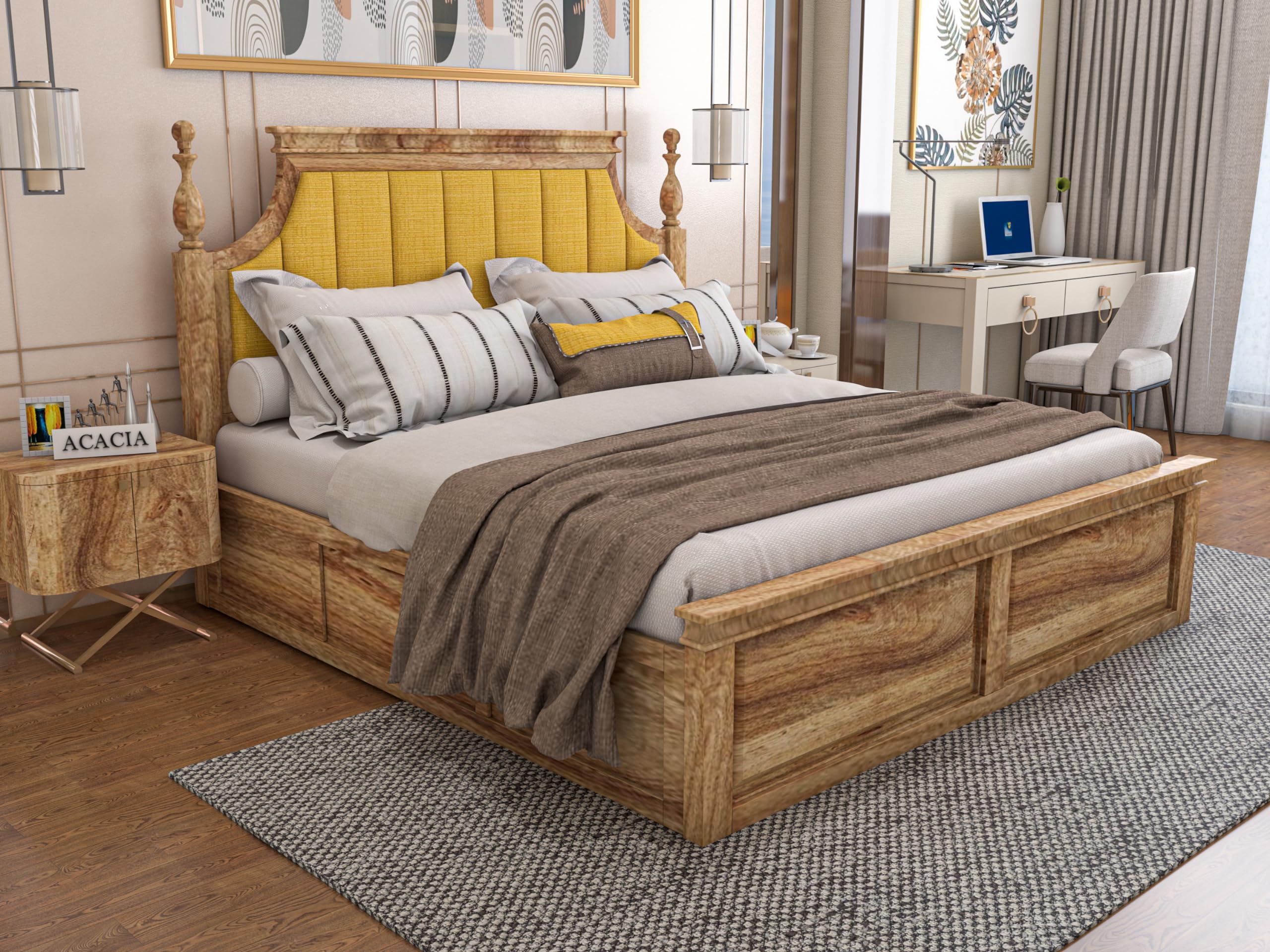 SABTA Craft Wooden King Size Bed with Storage | Double Bed Cot Bed with Box Storage & Yellow Colour Upholstered Cushioned Headboard for Bedroom | Solid Wood Sheesham, Teak Finish