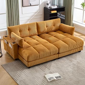 91" Oversized Double Chaise Lounge Cloud Couch, Corduroy Upholstered Sectional Sofa Bed Lounger Daybed with USB & 2 Cup Holder, Modern Deep Seat Sleeper Loveseat Chair for Living Room, Yellow