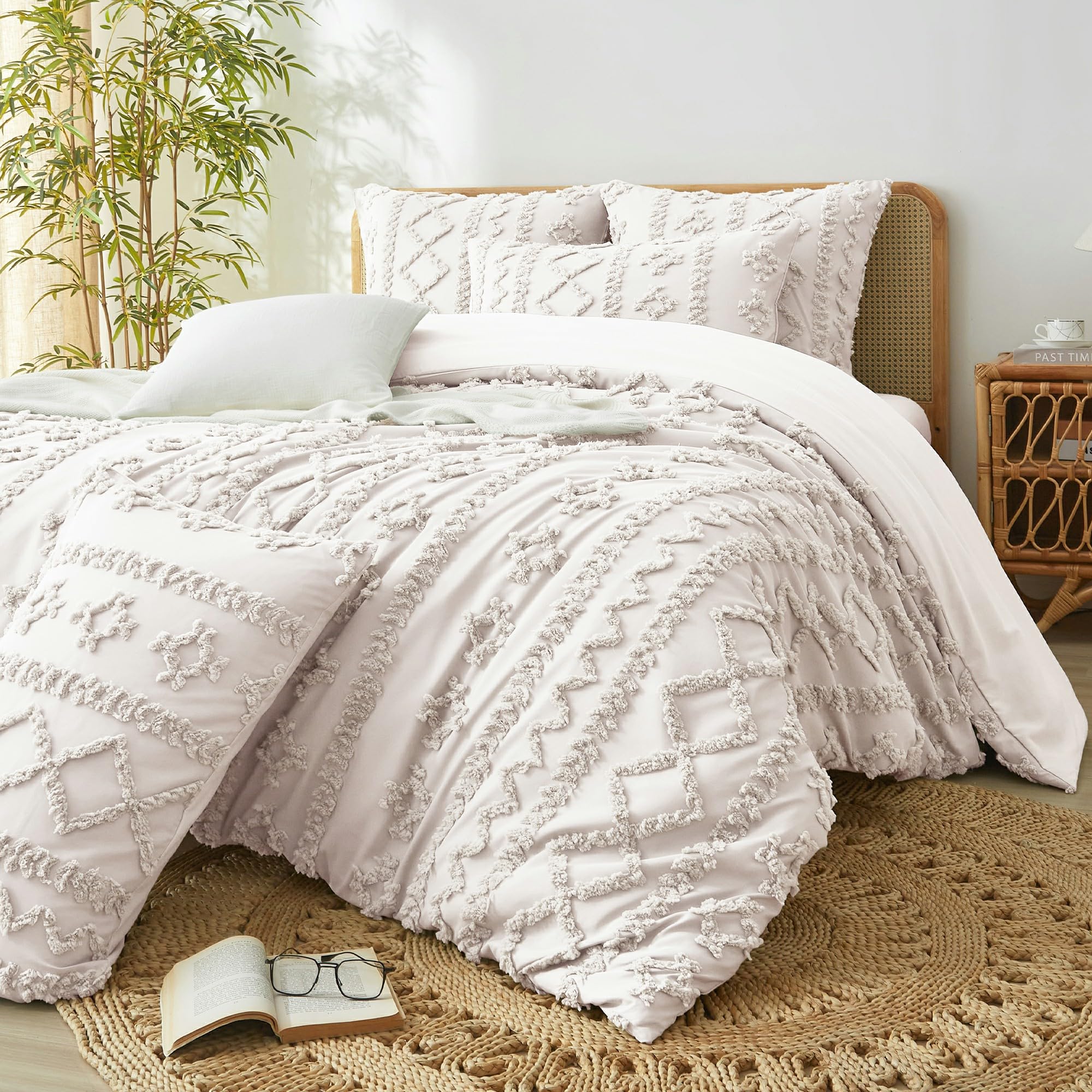 Luofanfei Housse de Couette 240 x 260 Beige Bohème Rayée Geometrique Parure de Lit Adulte 2 Personnes avec Fermeture Éclair Parure Housse Couette Boheme Style avec 2 Taie d'oreiller 65x65 cm