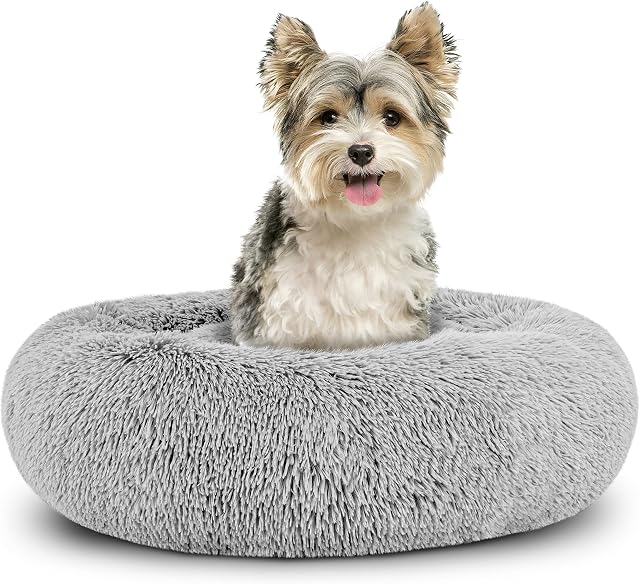 The Dogs Bed Sound Sleep Donut Dog Bed, Small Silver Grey Plush Removable Cover Calming Nest Bed