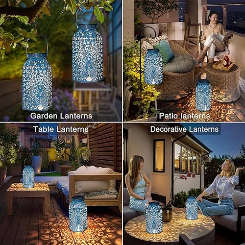 Miniatura 10 de Farol grande solar colgante para jardín y uso al aire libre de metal impermeable LED lámpara de mesa decorativa azul