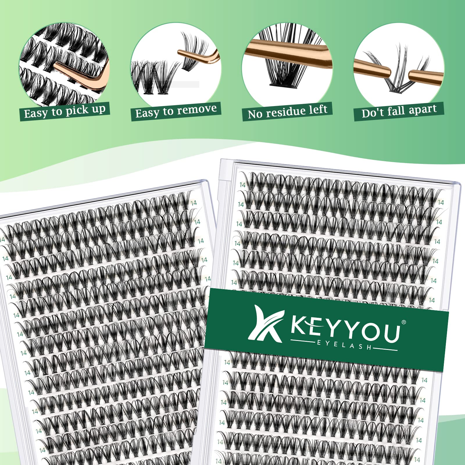 KEYYOU Wimpern Extensions 300pcs Cluster Lashes 30D D Curl 14mm Einzelne Wimpern Volume Natürlich Sanft Wimpernverlängerung（30D-D-14）