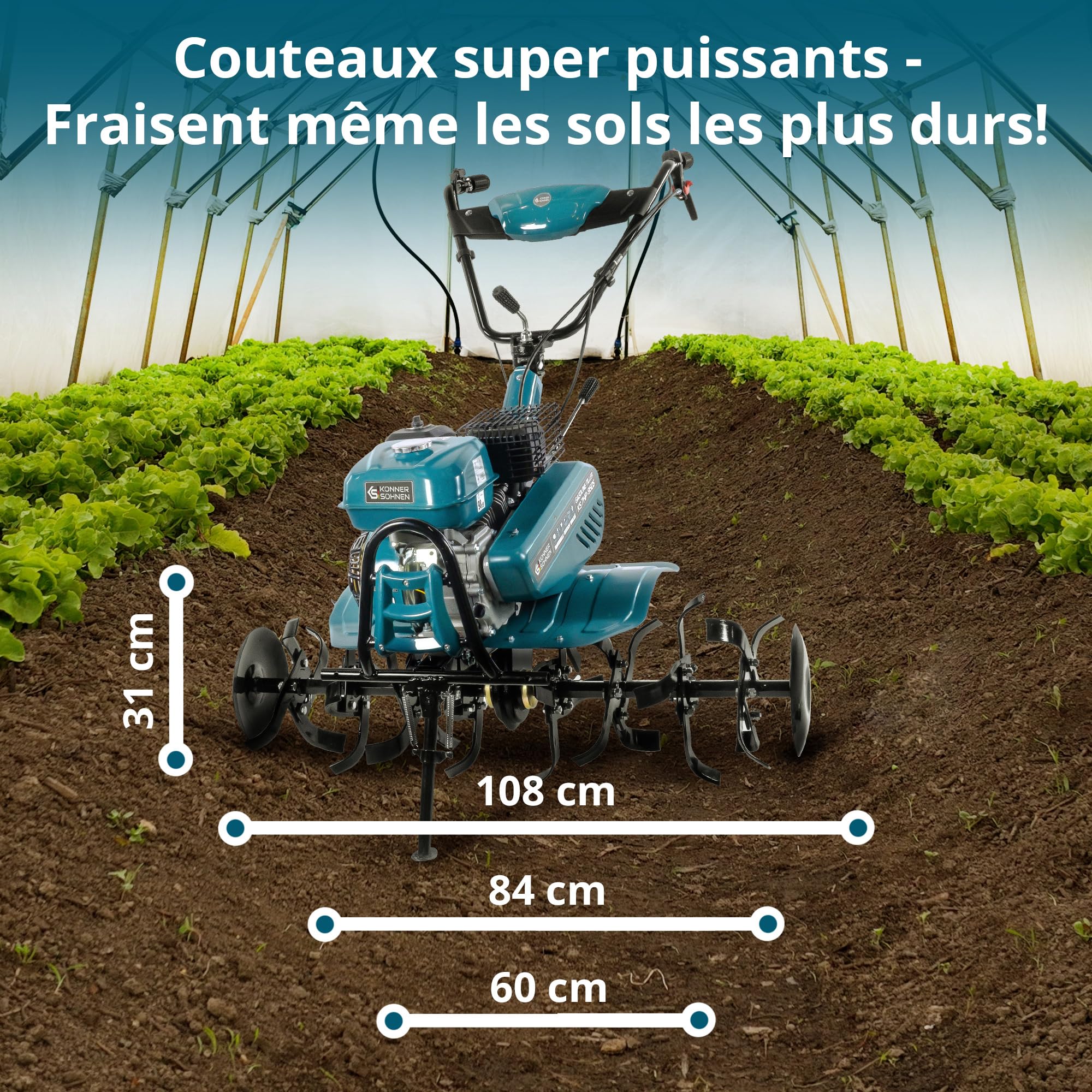Könner & Söhnen KS 7HP-950S, Motoculteur à essence, motobineuse, entraînement par chaîne, 2 vitesses avant, marche arrière, largeur de travail 108 cm, profondeur 31 cm, puissance du Cultivateur 7,0 ch