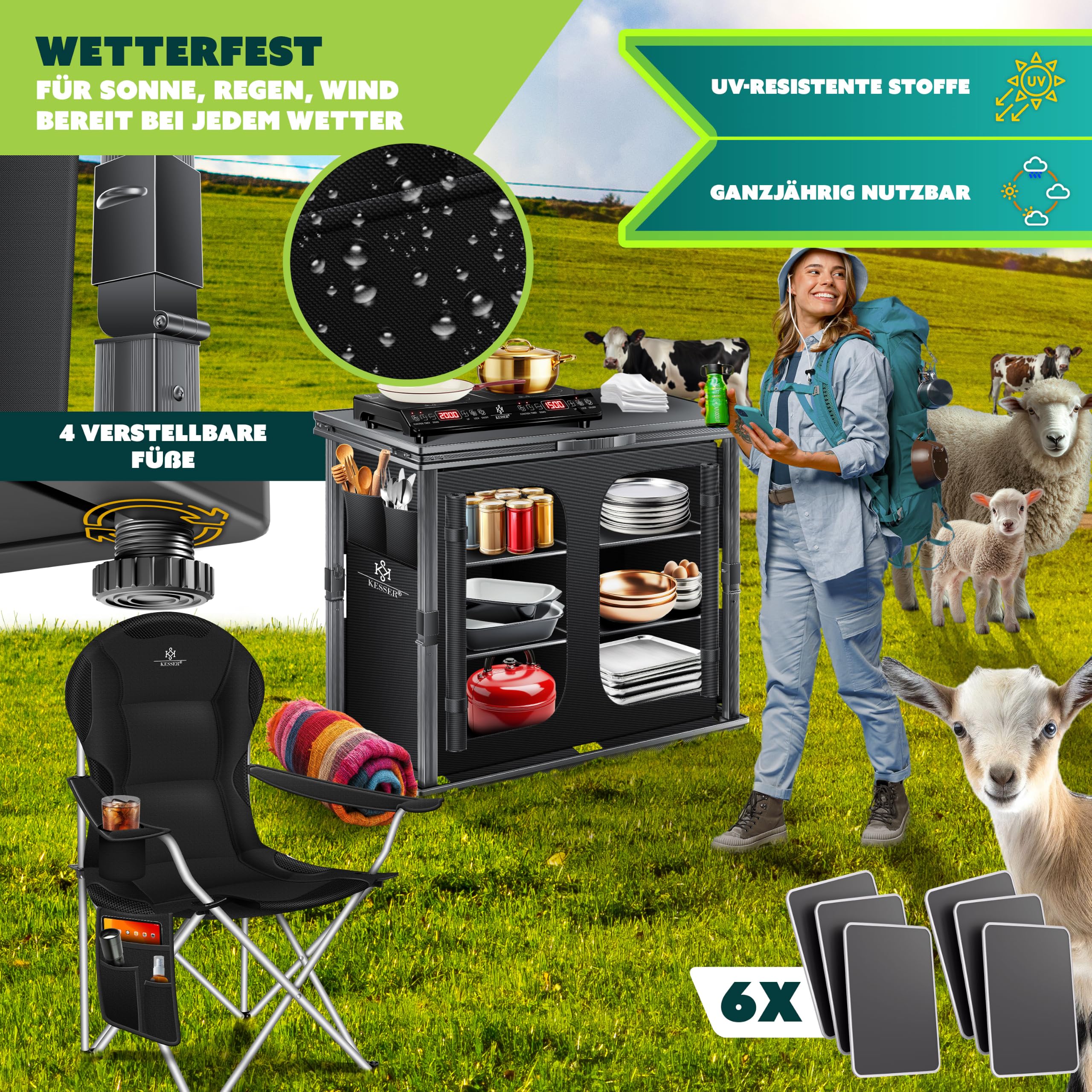 KESSER Mobiletto da campeggio pieghevole in alluminio 84x80 cm 6 scomparti zanzariera UV
