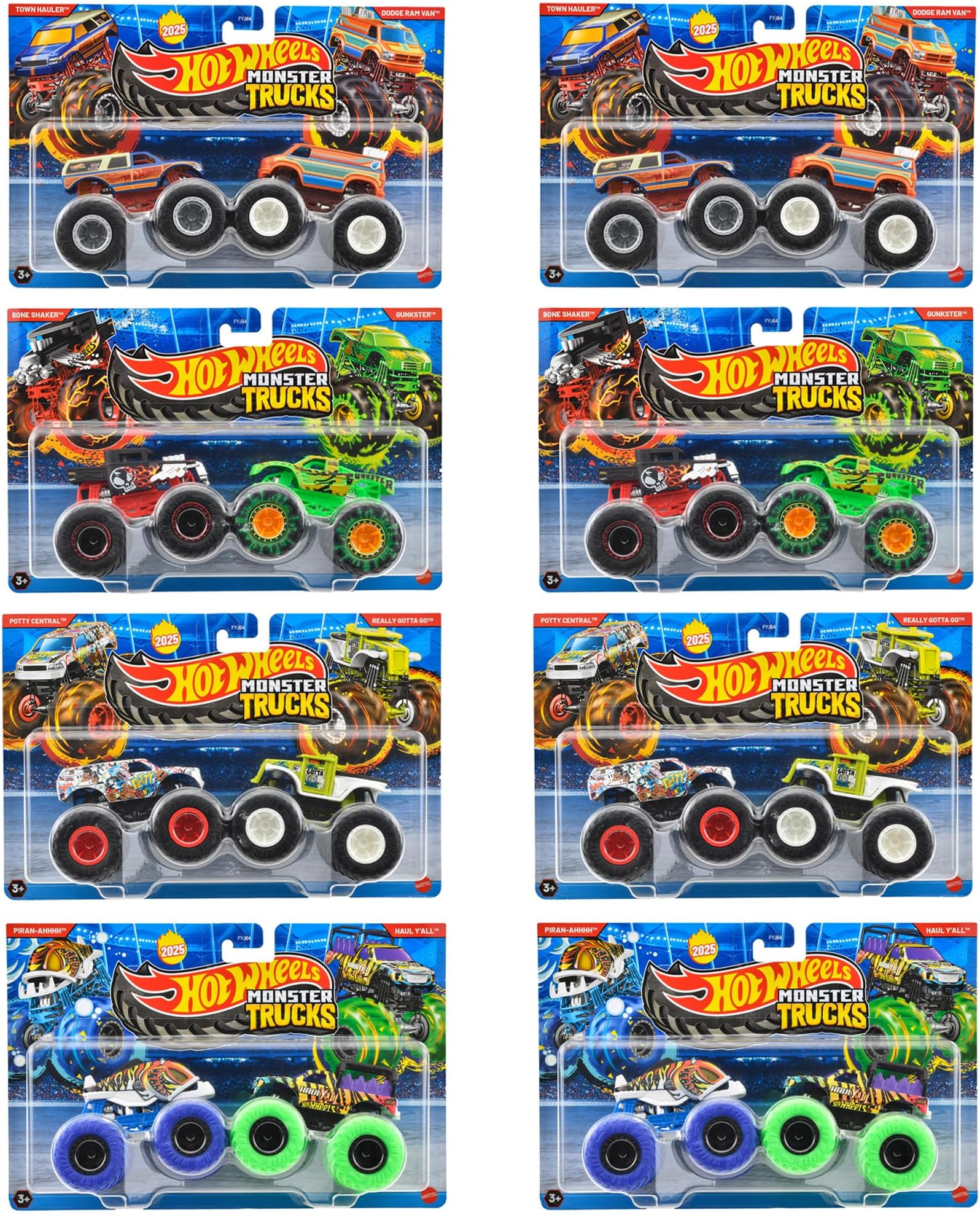 Hot Wheels Monster Trucks 1:64 2-Pack Assortment Ride-On Toy Mini Cars 2-Pack x 8 Sets in Box Sold 3 Years and Up Multi 986S-FYJ64