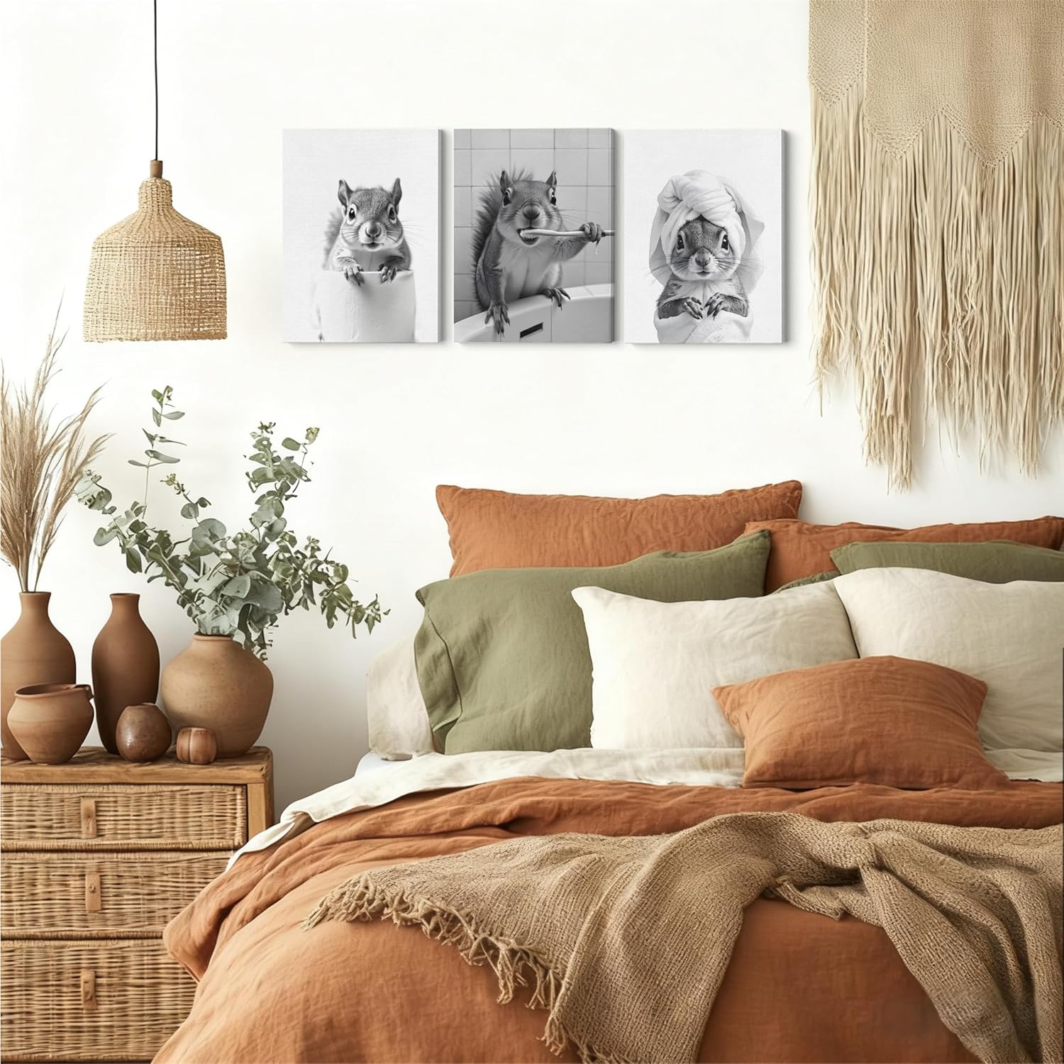 BUJSP Funny Cute Squirrel Bathroom Wall Art Decor, Animal Bathroom Decor, Black and White Squirrel Wildlife Canvas Prints Pictures Wall Decorations for Washroom Restroom Toilet, 11x14 Inches Set of 3