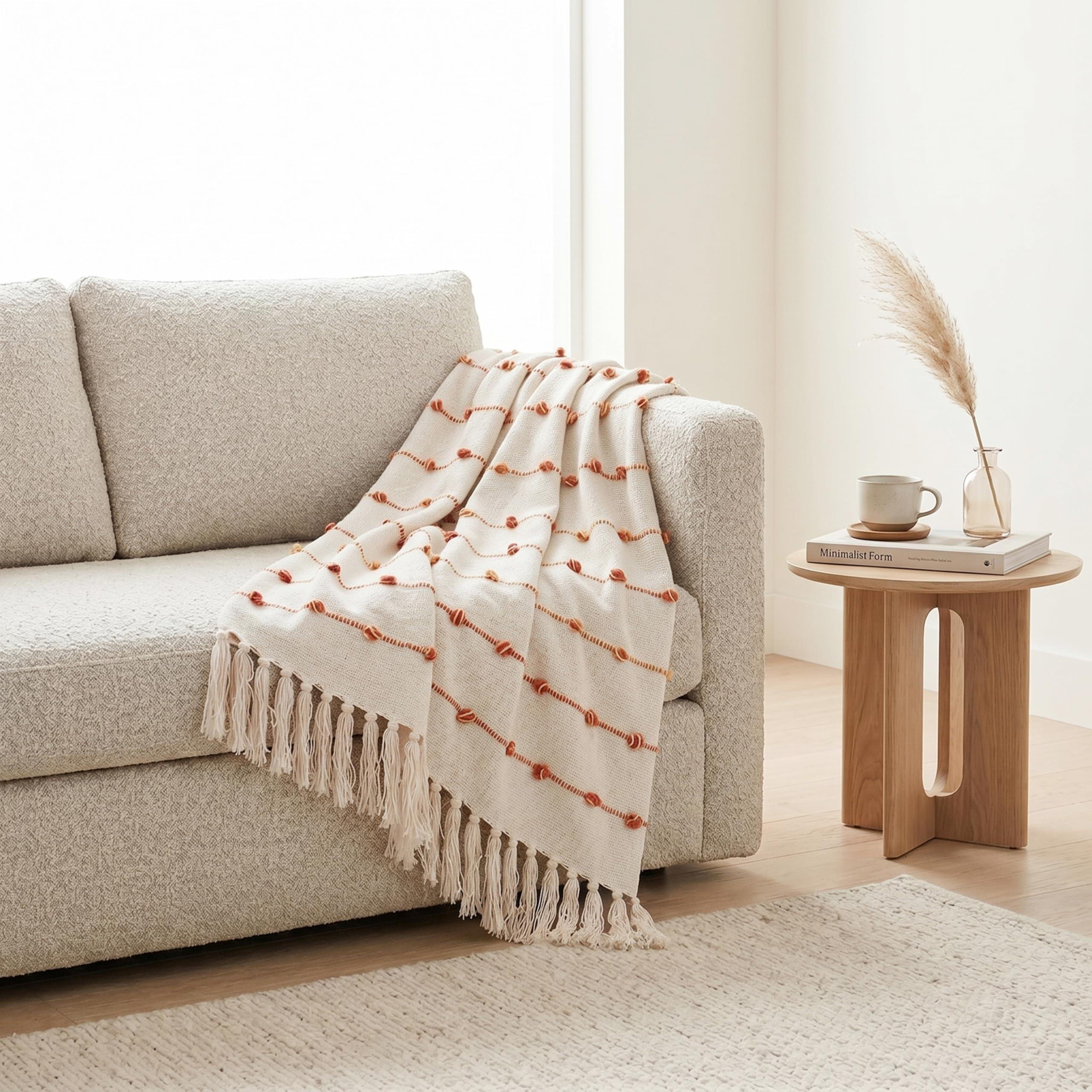 Knitted Cotton Sofa Throw Blanket with Tassels | Warm Beige & Royal Orange Decorative Throw for Sofa, Couch & Bed | Soft Lightweight All-Season Design | 80ร52 Inches