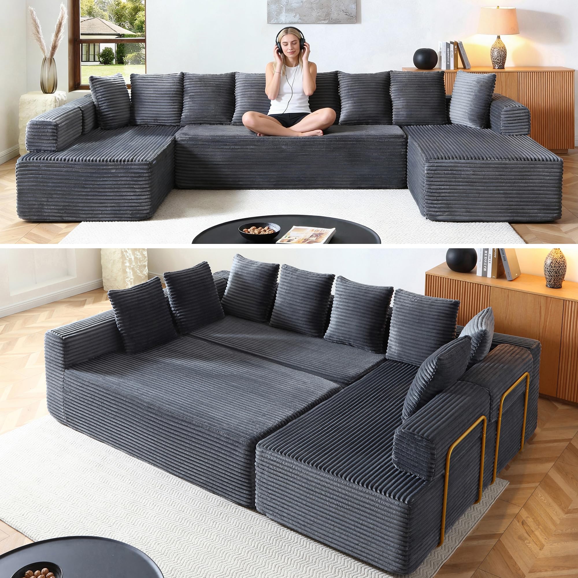 Oversized Cloud Boneless Couch with Chaise, 145" Modern U Shape Modular Deep Seat Sectional Sofa, Comfy Corduroy Upholstered Couches for Living Room, No Assembly Required, Grey