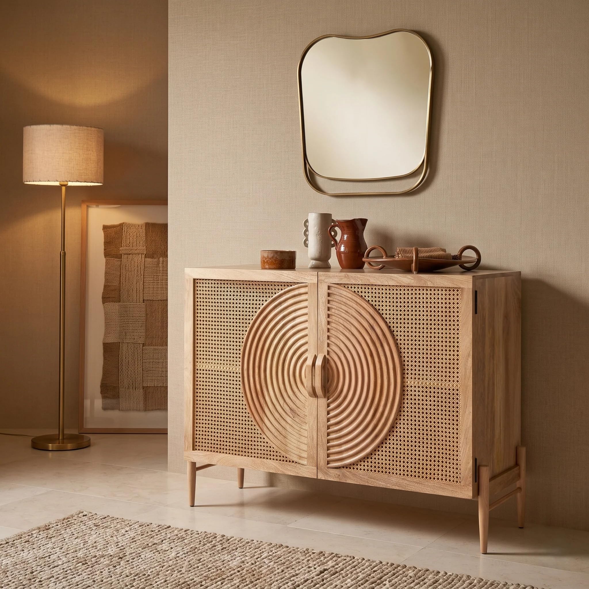 Osho Rattan 2 Door Cabinet | Spiral Carving Sideboard with Shelf Storage | Cane Design Cabinet for Living Room | Pure Mango Wood, Natural Matt Finish |-image-38