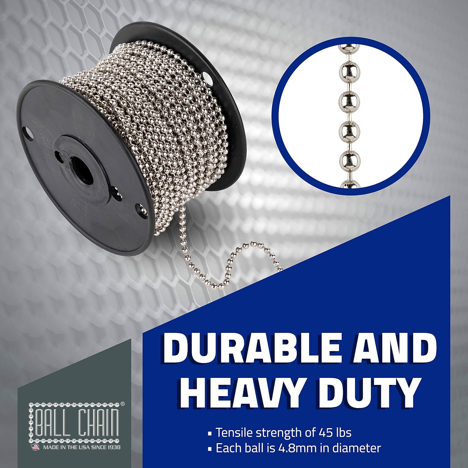 Ball Chain Number 10 Nickel Plated Ball Chain 100 Feet Spool | 4.8 mm in Diameter | Great for Vertical Window Blinds and Shades, Plumbing and Retention Applications