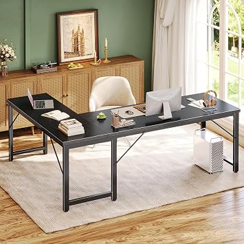 Huuger 63 Inch L Shaped Desk with 0.95 Inch Thicker Desktop, Reversible Computer, Larger Corner Office Gaming Desk, Robust Metal Frame, for Home Office, Study, Black