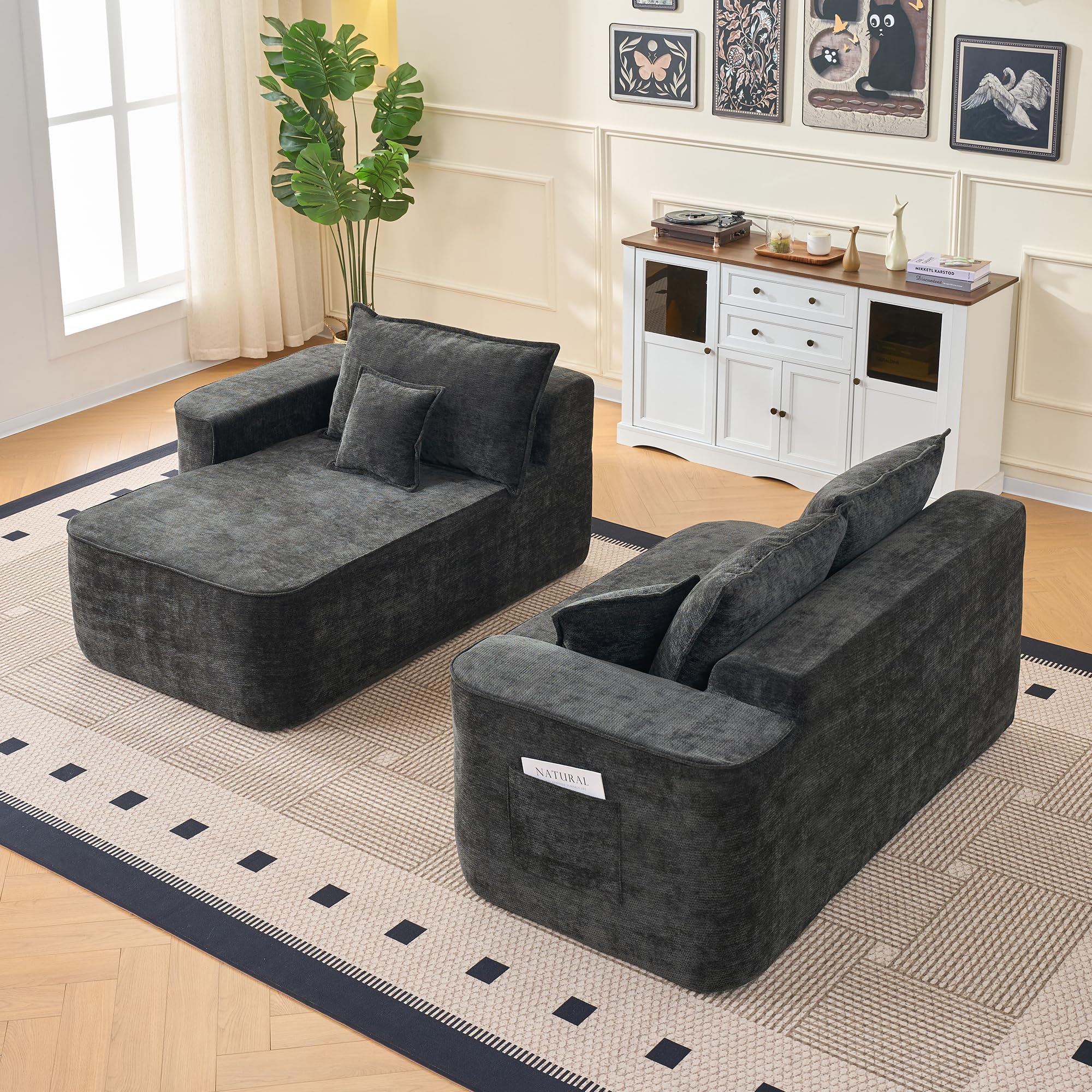 Bladez Canapé d'angle en forme de L avec méridienne, 262 cm, siège bas, XXL, modulable, sans montage, chenille noire, prêt à l'emploi (noir + 3 sièges, 262 x 144 x 65 cm)