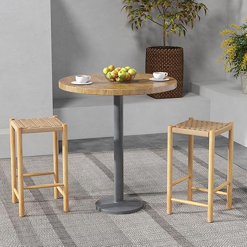 Miniatura 4 de Giantex Juego de 2 taburetes de bar de madera de altura de mostrador de 26 pulgadas, taburetes de bar de ratán bohemio, carga máxima de 330 libras,