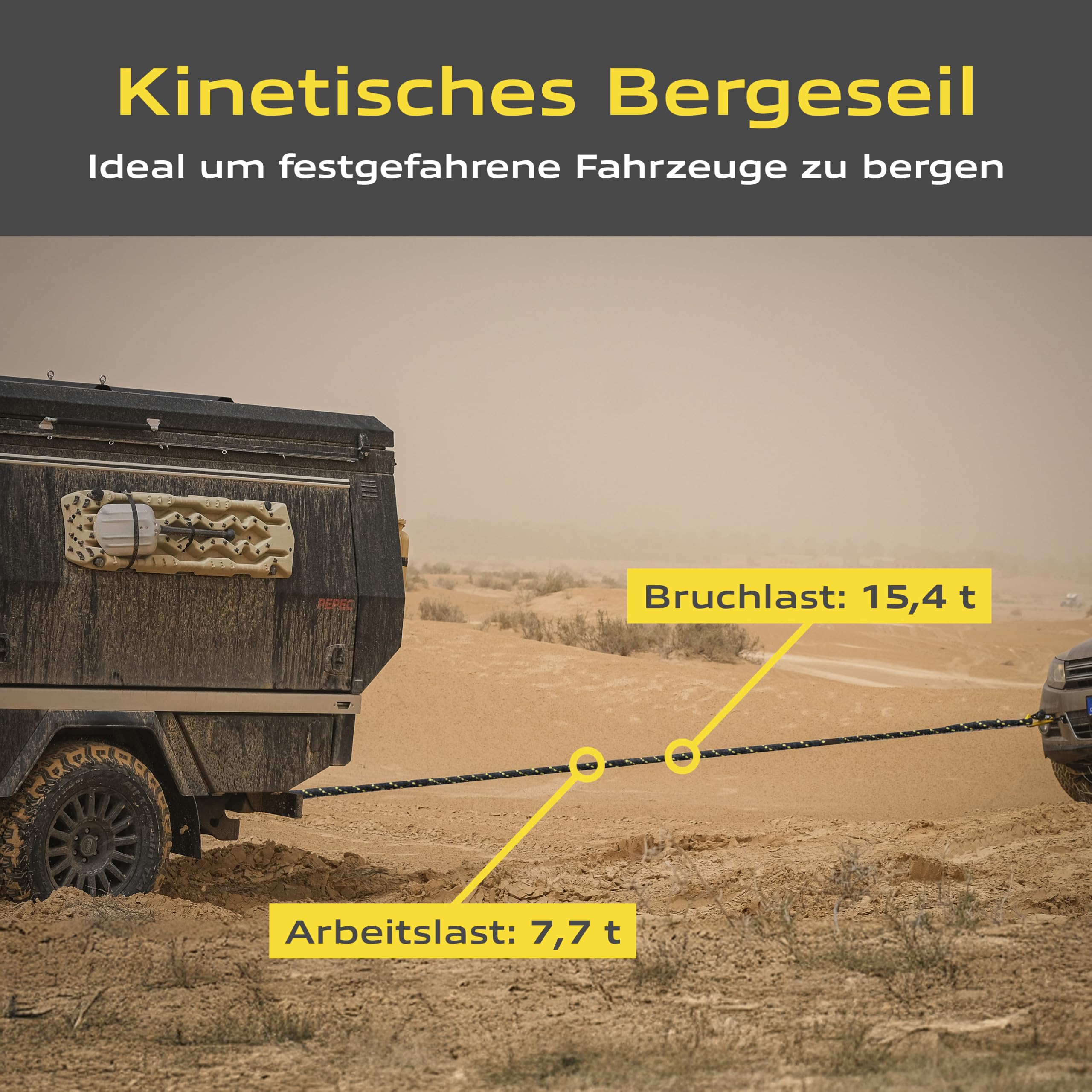 horntools Bergeseil kinetisch 24mm x 6,5m 12,7t Bruchlast, 6t WLL, schwarz, Abschleppseil PKW, Offroad, für LKW Jeep ATV UTV Traktor Straßenrettung