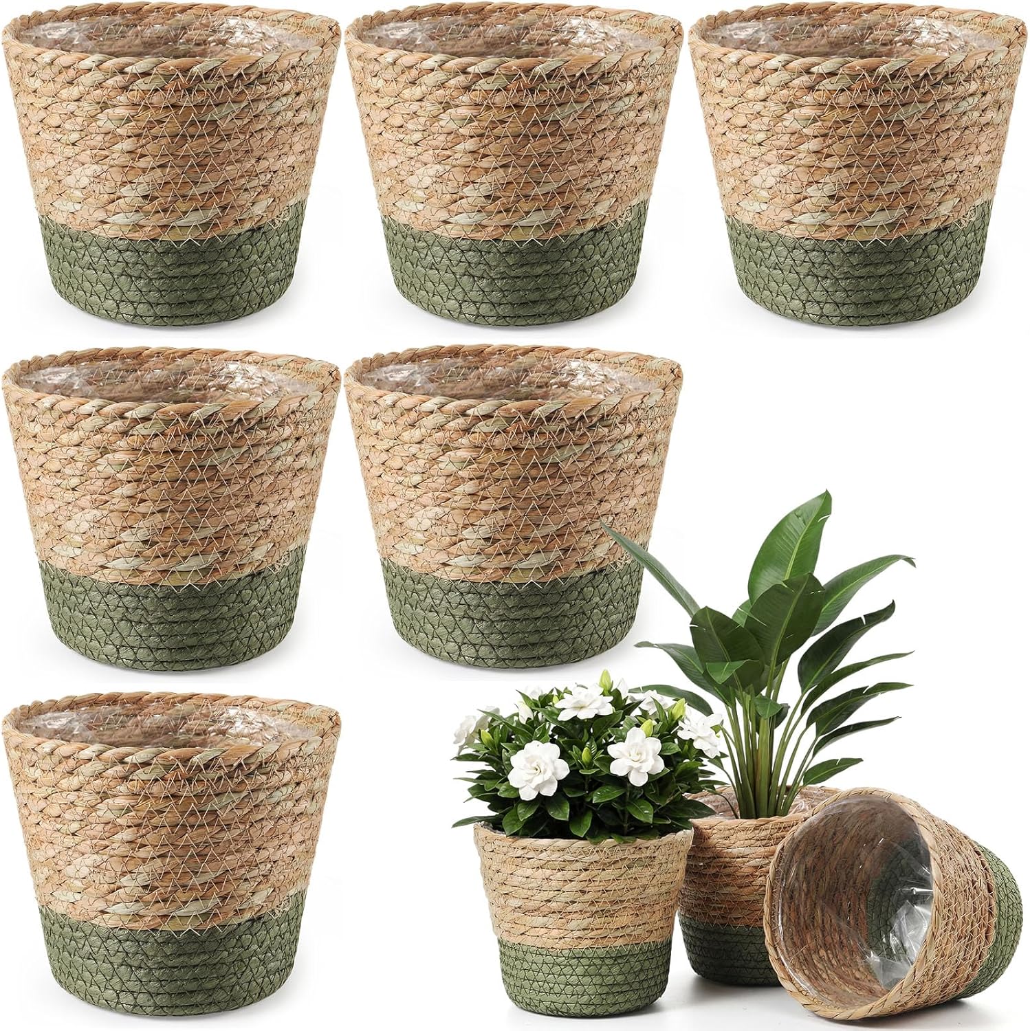 AceOrbit Seagrass Plant Basket with Plastic Liners Woven Stylish Planter Baskets Bulk Indoor Outdoor Plants Woven Wicker Baskets for Flower Pots Cover and Room Decor(Small,Farmhouse,6 Pcs)