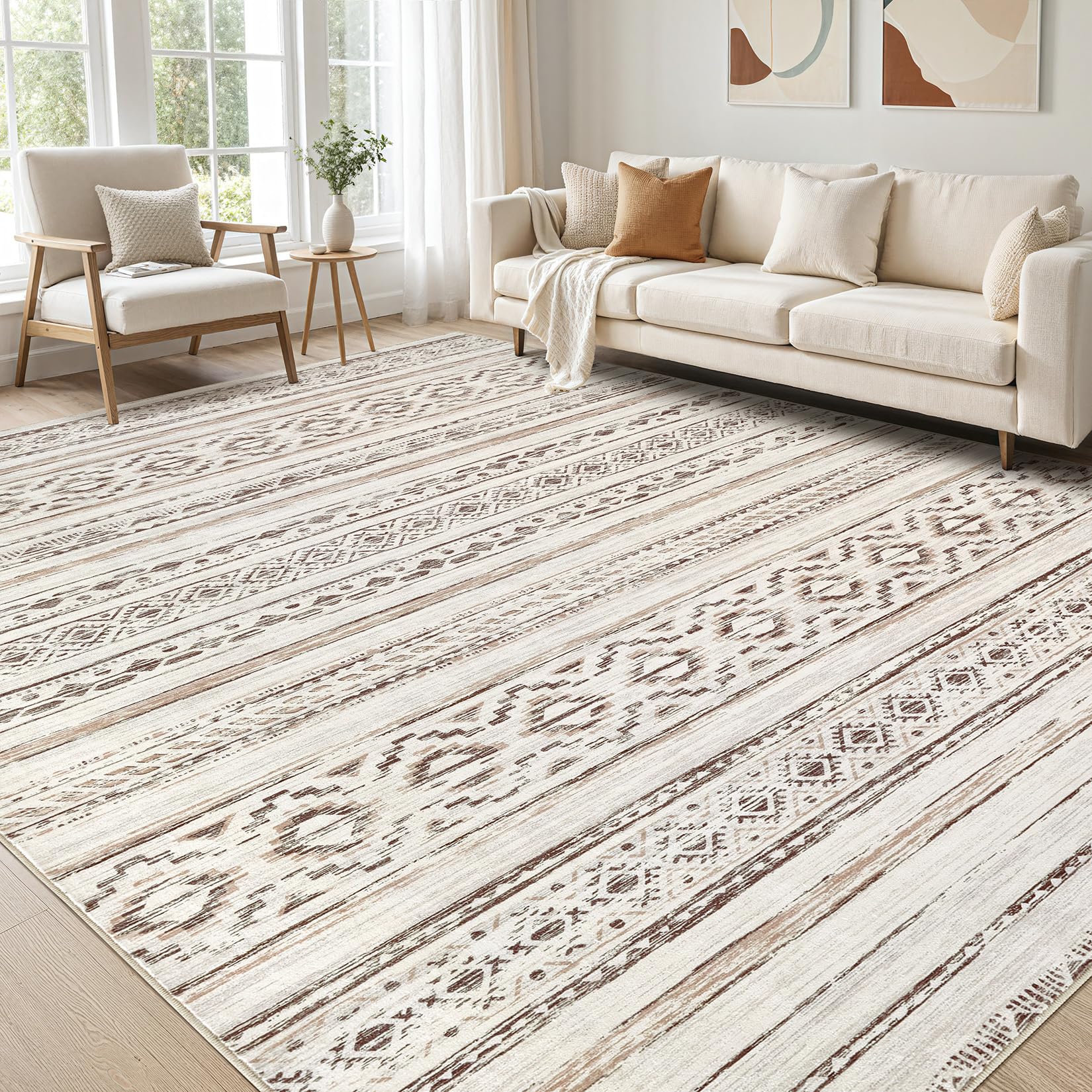 Photo 1 of cotiled 6x9 Area Rugs Living Room Rug: Washable Boho Rugs with Non Slip Backing Large Soft Indoor Stain Resistant Carpet for Bedroom Farmhouse Dining Room Lightweight Home Decor Cream Brown