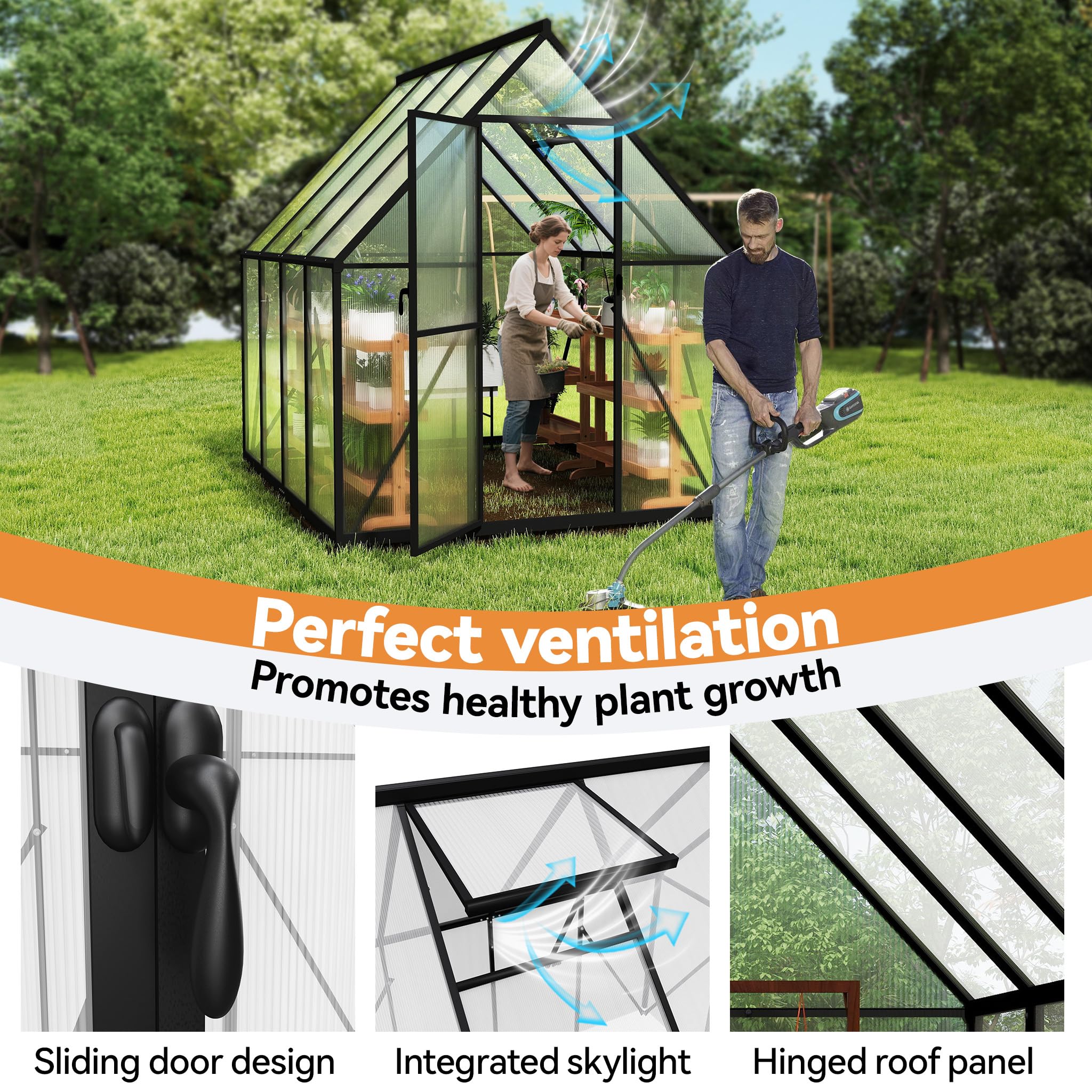Froadp Szklarnia z aluminium z fundamentem, 230 x 180 x 195 cm, szklarnia ogrodowa 4 mm, płyty komorowe PC, odporna na warunki atmosferyczne, szklarnia na pomidory z oknami, do ogrodu i hodowli