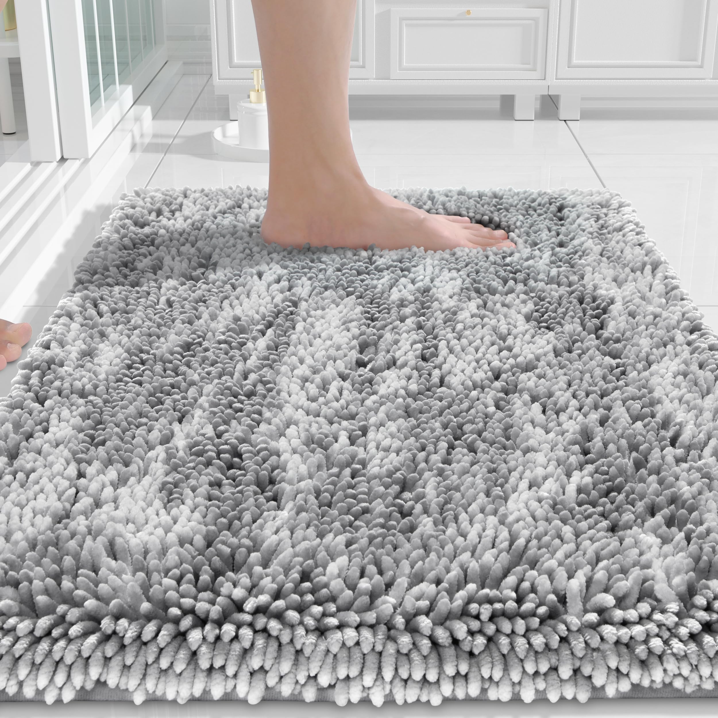Yimobra Chenille Bathroom Rugs Non Slip, Extra Thick Soft Absorbent Bath Rug, Machine Washable Quick Dry Bath Mat for Bathroom Floor, Tub and Shower, Home Decor Accessories, 24x17, Light Grey