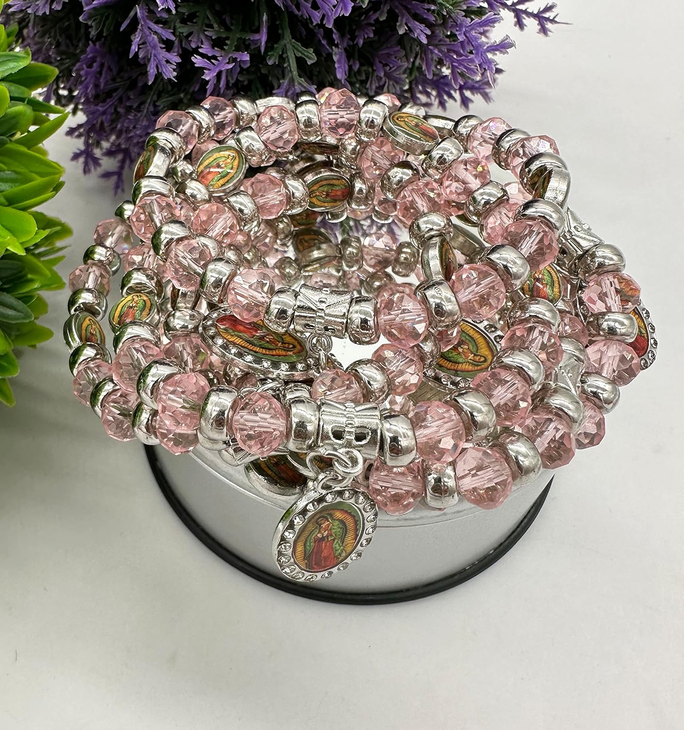 RBN Our Lady of Guadalupe Favor Baptism First Communion Pink Beaded Bracelet Protection Prosperity Good Luck Pulsera De La Virgen Maria Catholic Stretch Bracelet - 12 PCS