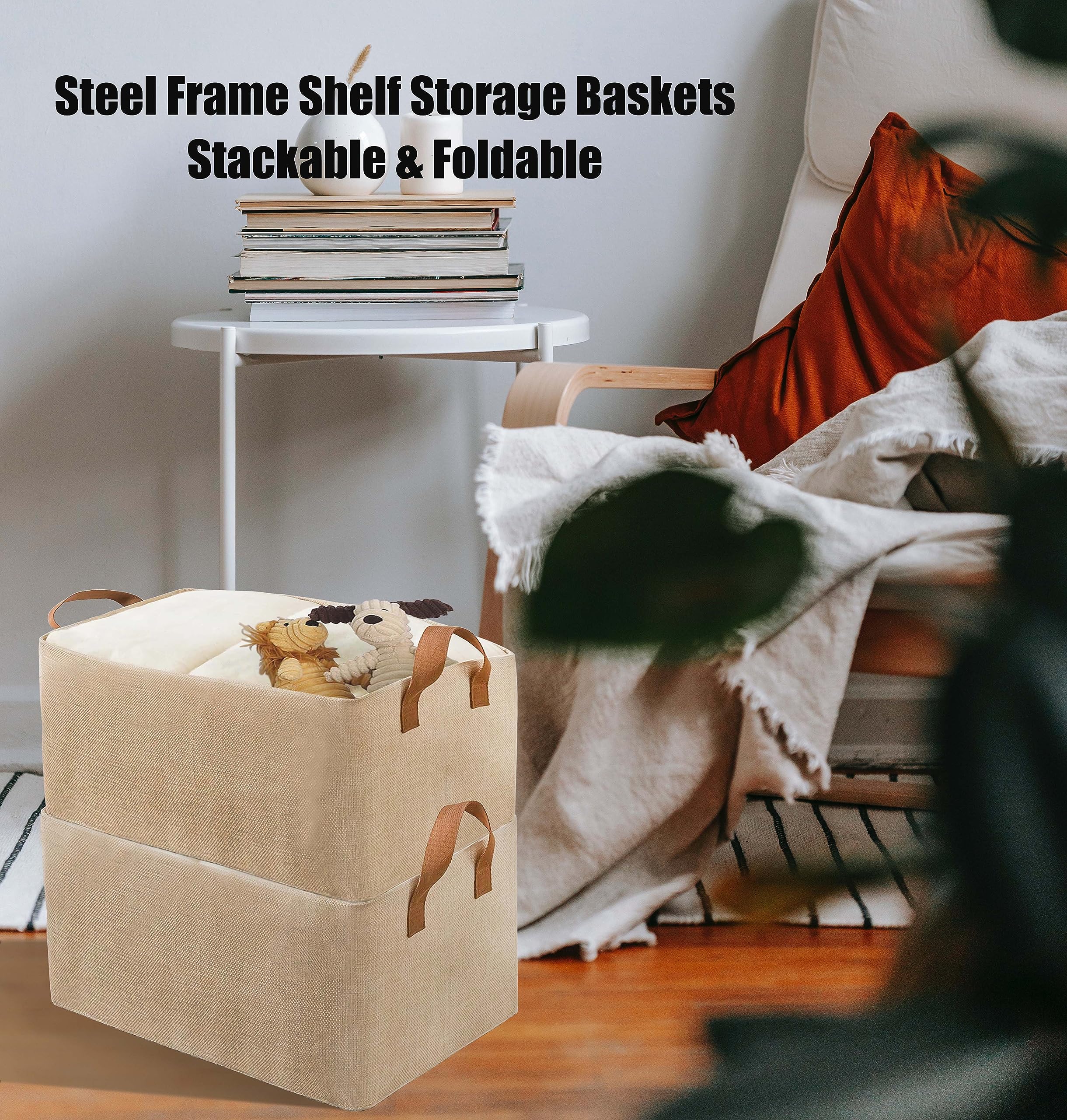 Condition photo showing New/Like New for aarainbow 4 pcs closet clothes organizer with handle, fabric storage box with steel frame stackable shelf storage baskets foldable wardrobe organizer baskets for clothes toys, 23l (4 beige)