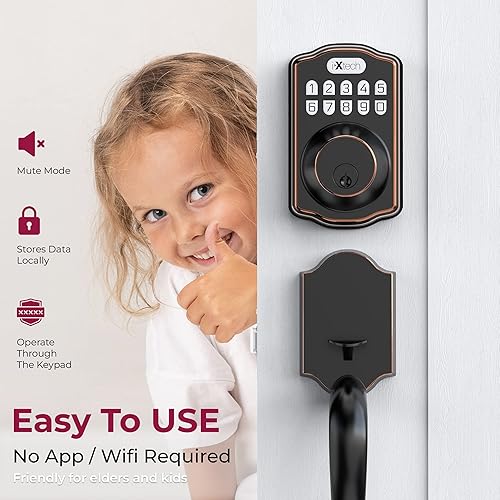 Miniatura 3 de IXTECH Cerradura de puerta de entrada sin llave de bronce aceitado con asa, cerrojo electrónico para teclado, bloqueo automático, fácil instalación
