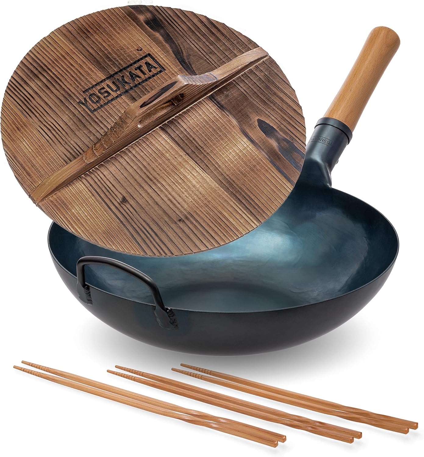 YOSUKATA 13.5” Blue Carbon Steel Wok Pan + Premium Wok Cover 13.5 inch Pan Lid + Reusable Natural Wooden Long Cooking Chopsticks Set of 3 pairs: 11.8 inch, 13-inch, 14.2 inch