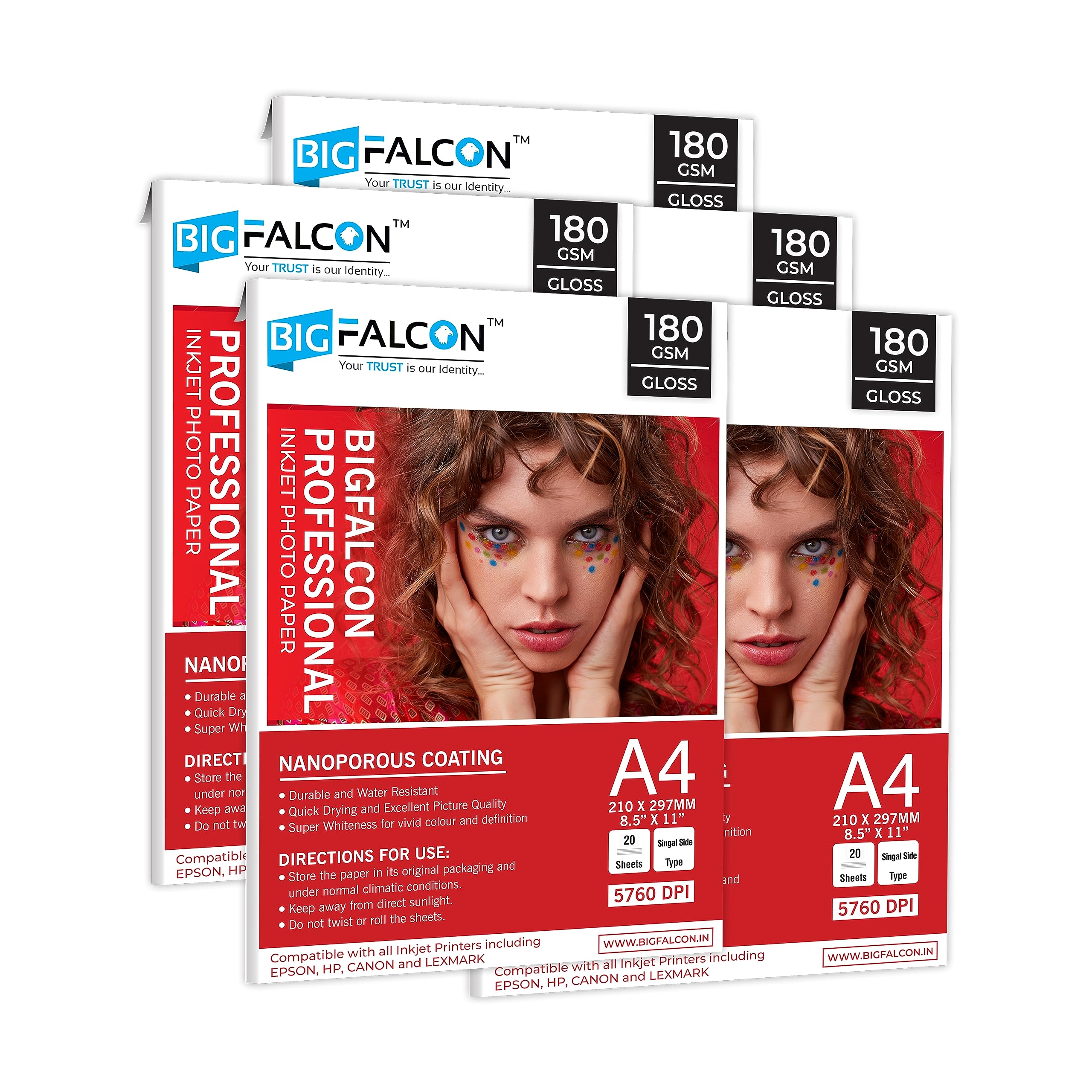 BIGFALCON Professional 180 GSM A4 Size (8.5x11 inch) Glossy Cast Coated Inkjet Photo Paper 100 Sheets for all Inkjet Printer
