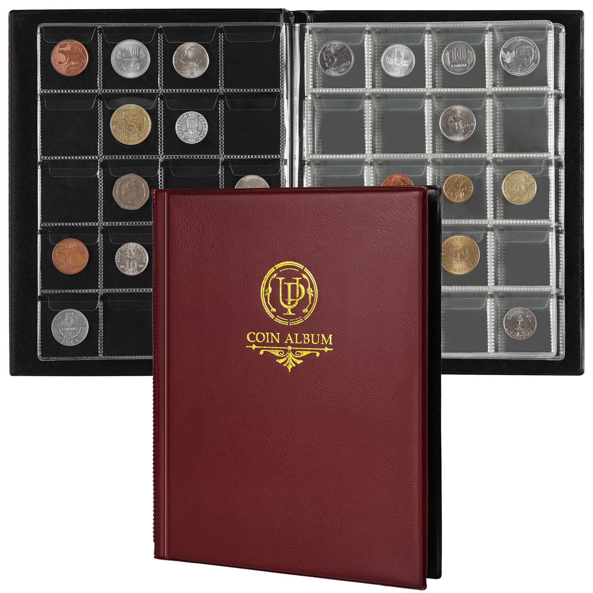 200 Pockets Coin Album - Coin Collecting Book with 10 Pages, 33x33 mm Grid Holder for Pounds Pence Cents Dollars Nickel (Red) CS48200RE