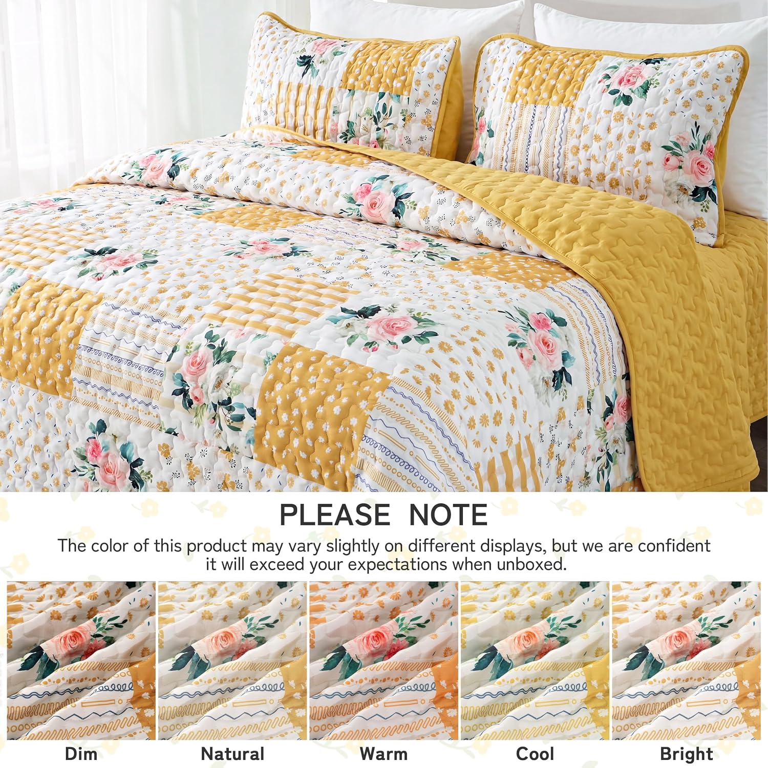 Oversized King Size Yellow Floral Patchwork Quilt Set 128x120 Extra Wide Super King Size Rversible Quilted Bedspread Coverlet Set 3-Piece Comforter Bedding Set Bed Cover with 2 Pillow Shams