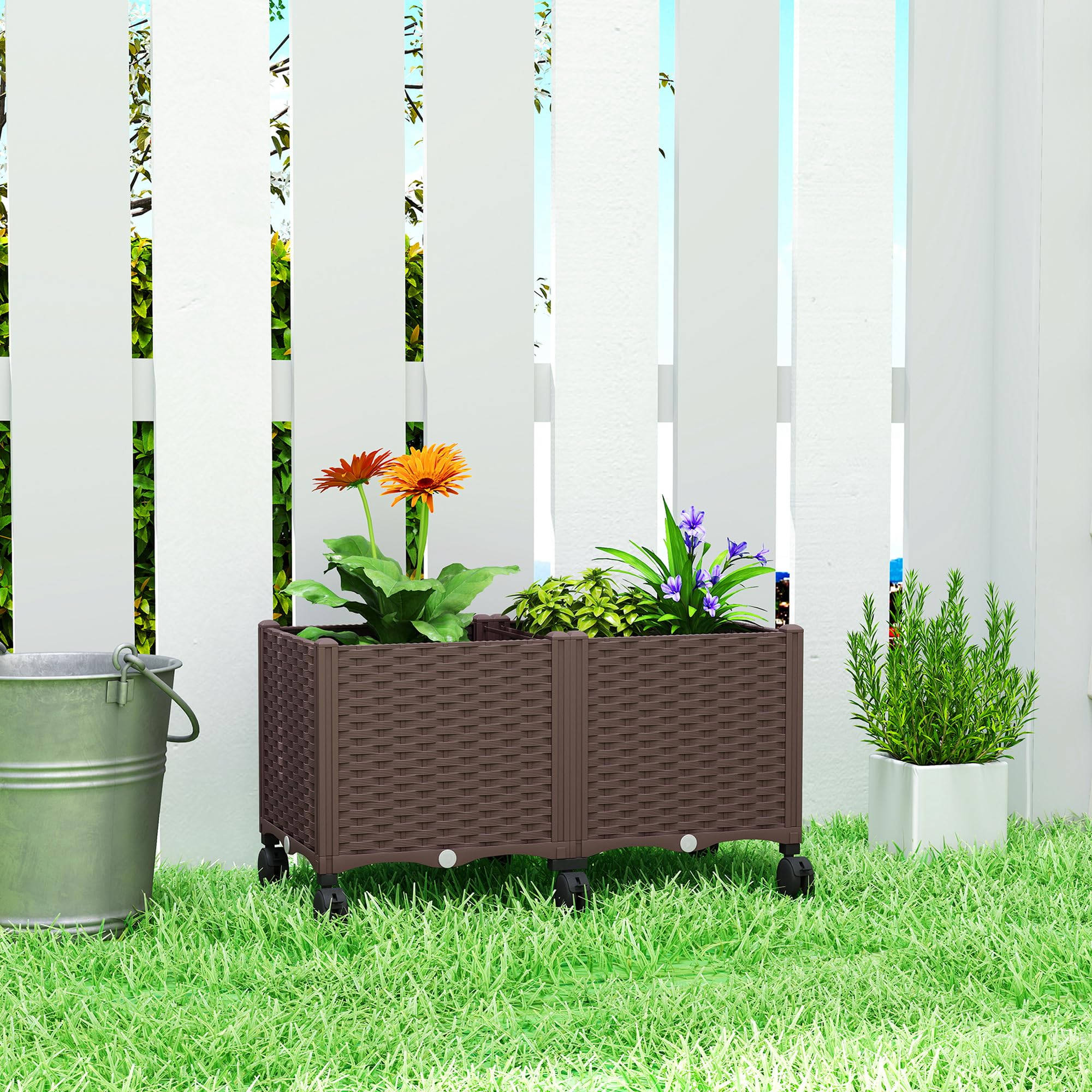 Outsunny Fioriera Rialzata in Plastica 85L, Letto per Orto Rialzato da Esterno con Ruote Bloccabili, Sistema di Autoirrigazione, Fori di Drenaggio, per Piante Rampicanti, Verdure e Fiori, Marrone