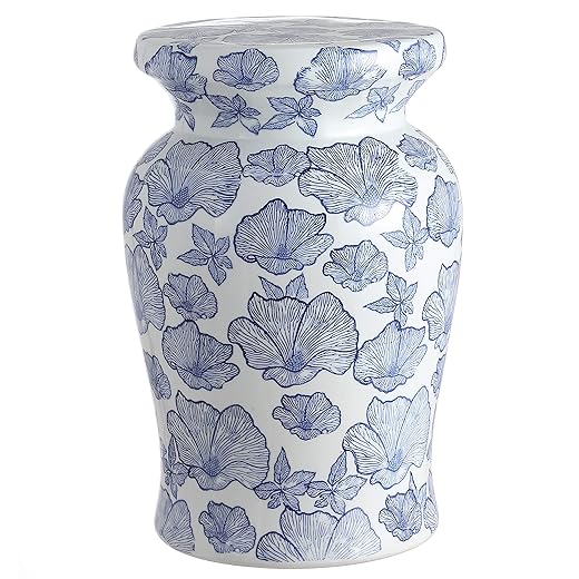 JONATHAN Y TBL1018A Poppies 17.7" Ceramic Indoor/Outdoor Garden Stool, Stylized Flower Design, Coastal, Contemporary, Modern, Side Table, Plant Stand, Living Room, Garden Room, Patio, White/Blue