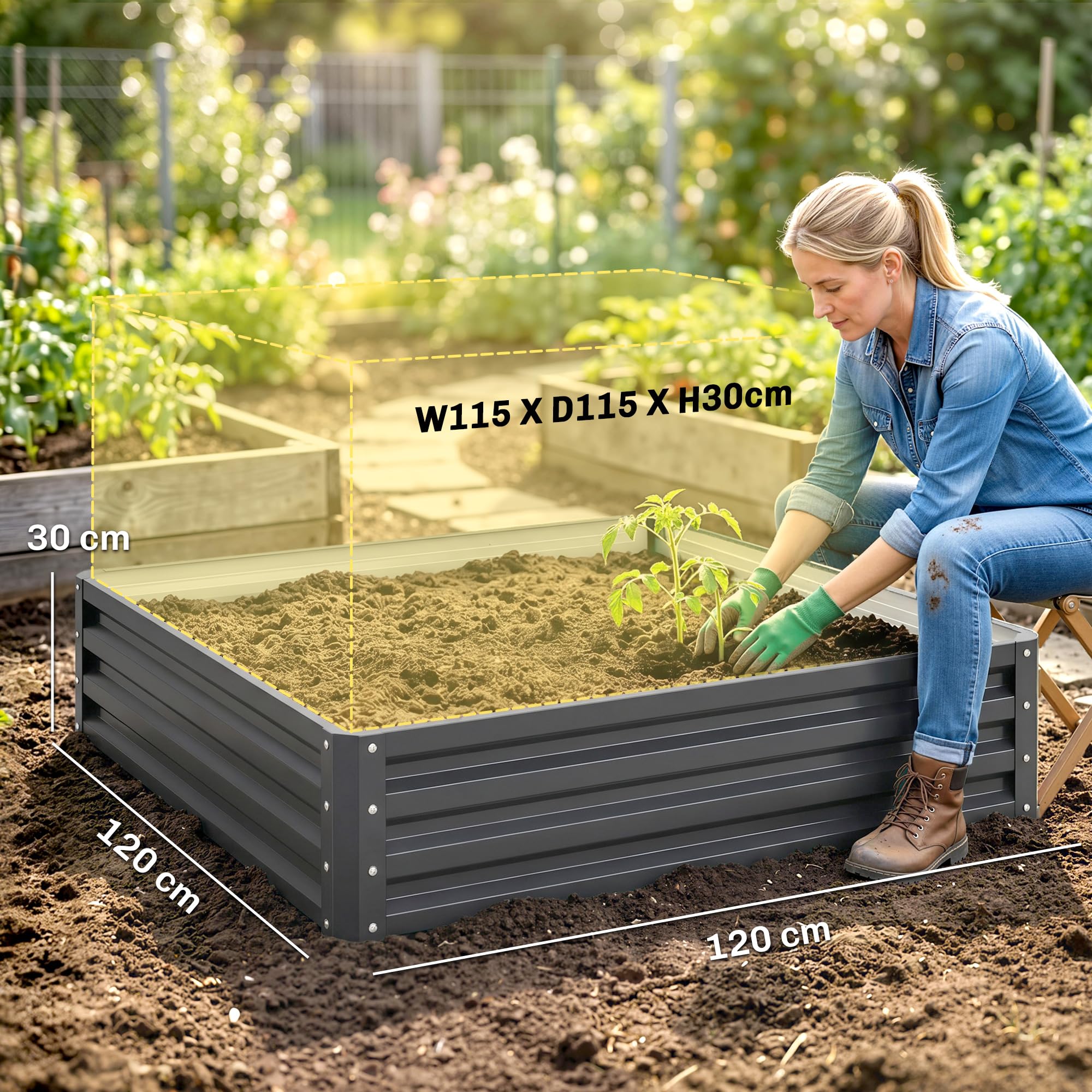 Outsunny Carré Potager de Jardin Potager surélevé, bac Potager en Acier galvanisé, jardinière Exterieur résistant à la Rouille 120x120x30cm, pour légumes, Fleurs et Herbes Jardin, Gris Clair