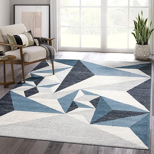 Abani Rugs - Alfombra contemporánea con triángulos geométricos, rectangular, resistente a las manchas turcas de 5 x 8 pies, gris y azul
