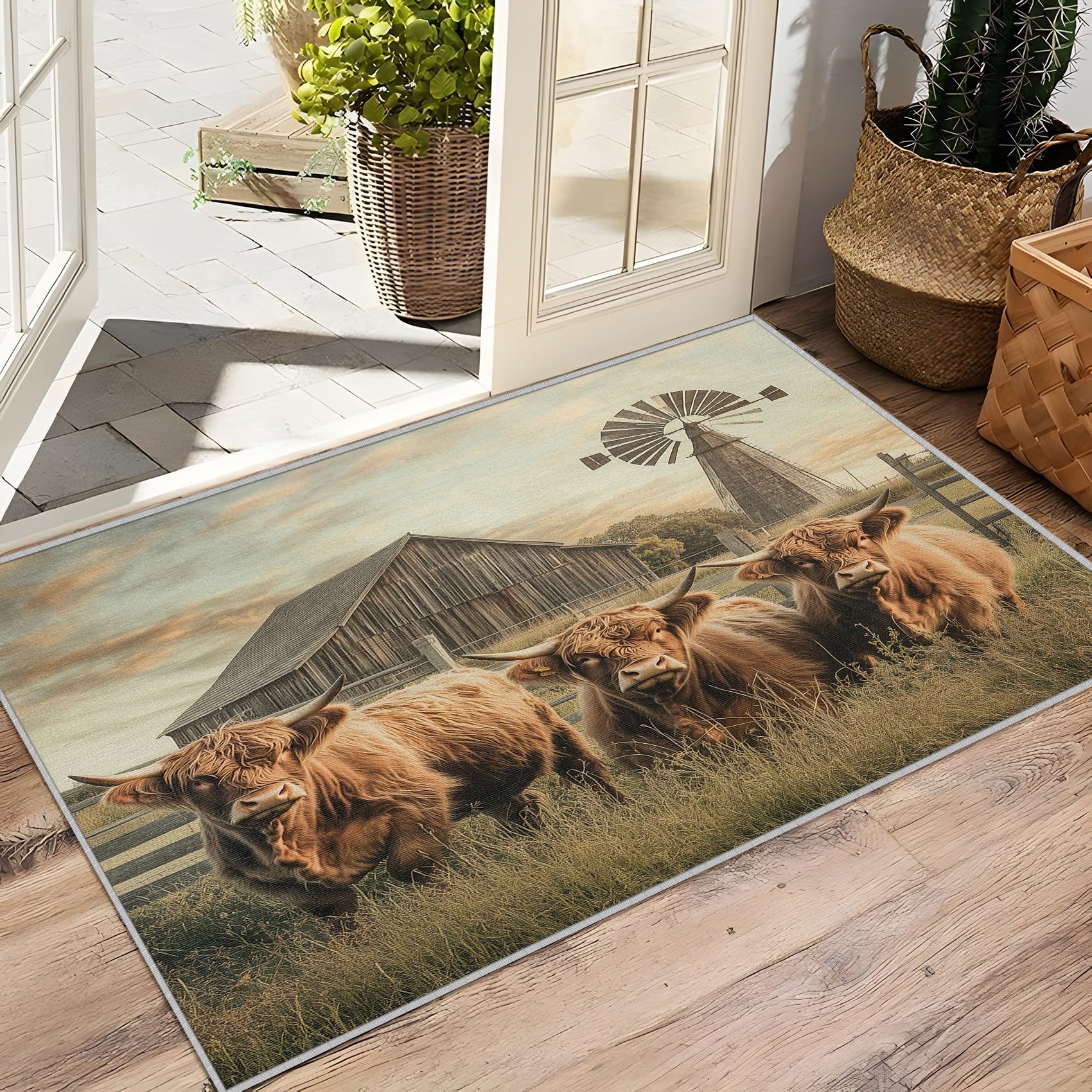 Hochlandrind Deko, Rustikale Bauernhaus Teppich 120x160 Kurzflor, Teppich Wohnzimmer Bauernhoftiere, Weich rutschfest Waschbare Teppiche, Bettvorleger Schlafzimmer Kinderzimmer