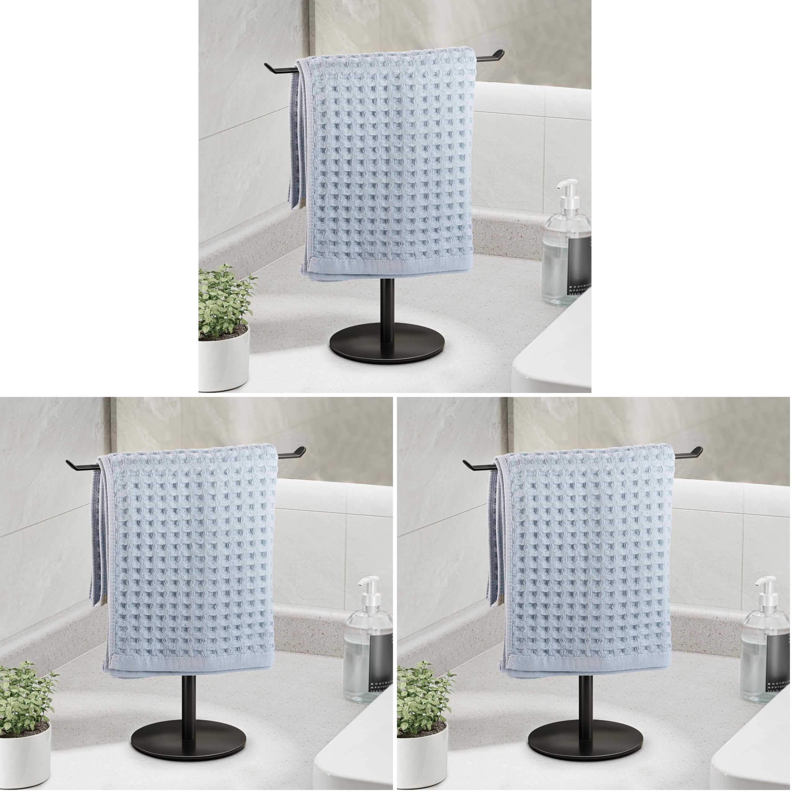 Towel Rack T-Shape Hand Holder for Bathroom,Headband and Lightweight Bathroom Racks,Kitchen Black Holder,Stainless Steel Waterproof Counter Organizer (Pack of 3)